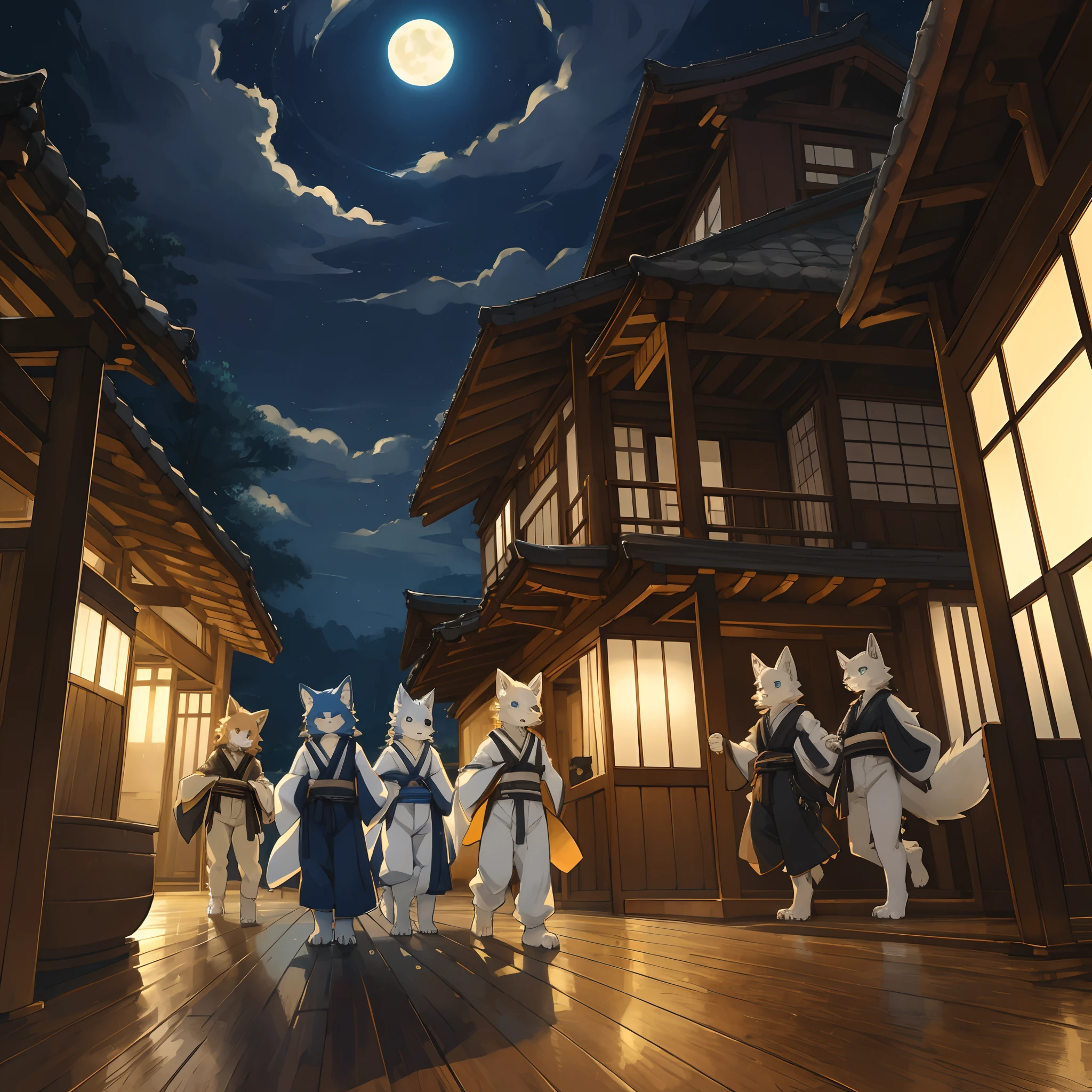 top quality, best quality, High-quality illustrations, masterpiece, super high resolution, detailed background, night, japanese house, swaying curtains, moonlight from windows, footprints on the floor, enigmatic presence, 6+boys, 6+girls, absurdres(highly detailed beautiful face and eyes)perfect anatomy, expression, good lighting, cinematic shadow(kemono, furry anthro)assorted poses, dynamic angle,
