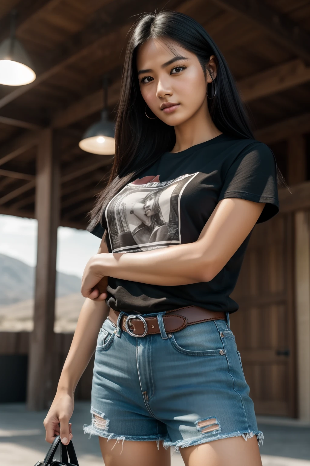 RAW photo, subject, (high detailed skin:1.1), 8k uhd, soft lighting,t-shirt, high quality, film grain, Fujifilm XT3, dynamic angle, black hair, detailed skin, pretty girl, show face, cowboy shot, paislash, (hand bag)