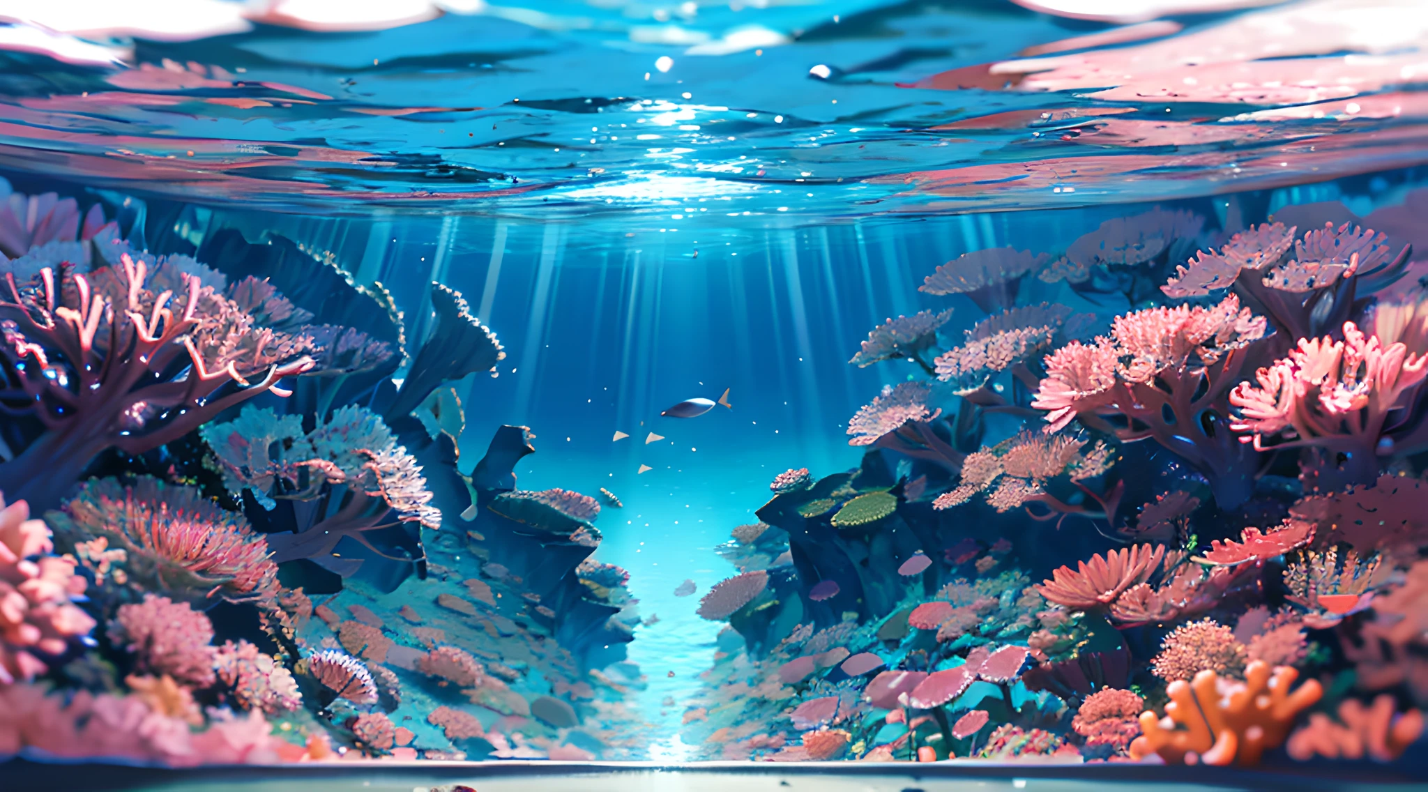 (Masterpiece, Best Quality:1.2), (no humans, cliff, under water, perspective, From below:1.5), 8K, absurderes, Beautiful coral reefs, rock formations, Lots of very small fish, Cute dolphin, light leaks, Depth of field, Stunning scenery, chromatic aberration, Dynamic lighting, with dramatic lighting, HDR, Photorealistic, high resolucion, The ultra-detailliert, delicate detail, Extremely detailed, shadowy, Sharp focus