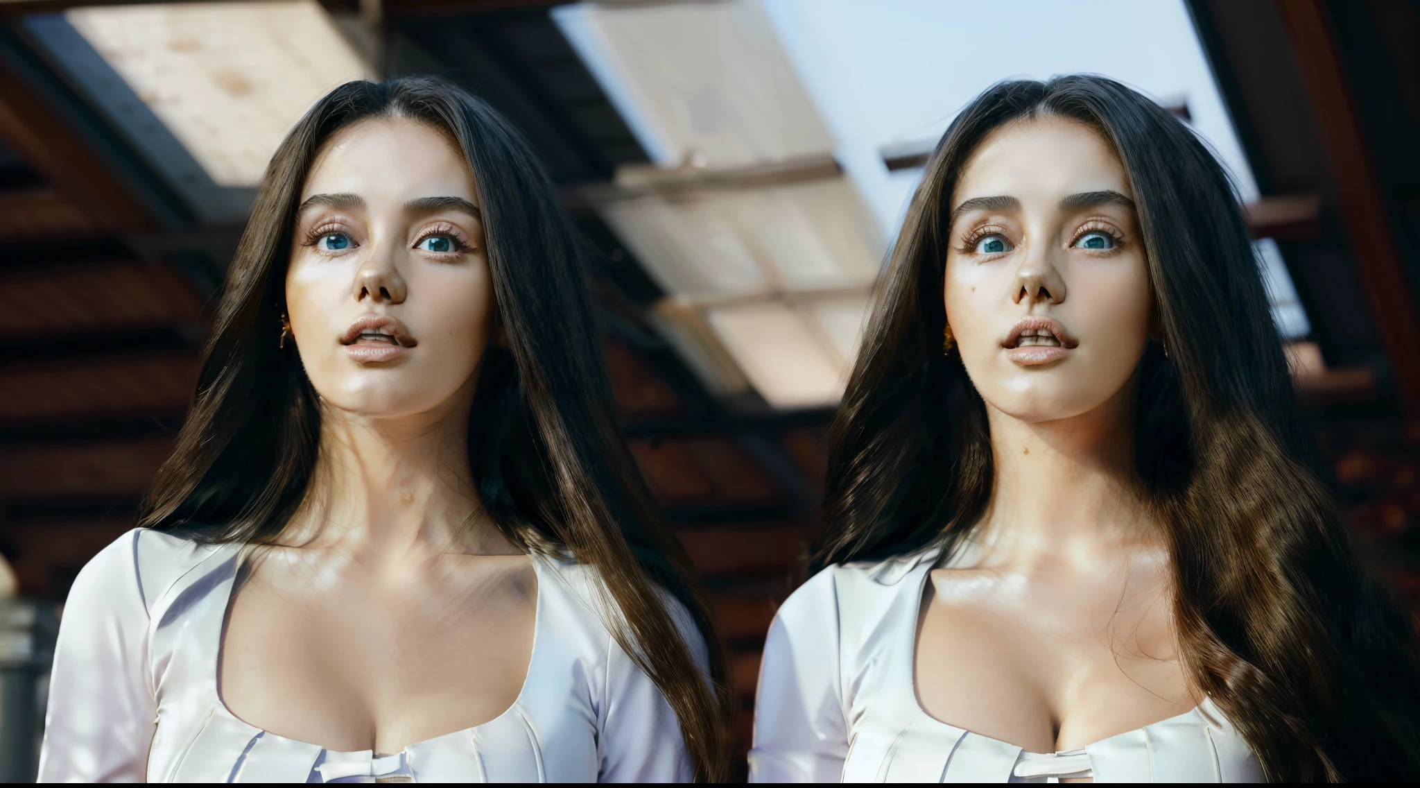 Masterpiece: 1.3), (8k, Photorealistic, Photo RAW, Best quality: 1.4), (UHD), (Ultra high realism), (Ultra high definition), (Ultra high detail), (Increase contrast), (Increase saturation), ((((1girl:1.3)))), A beautiful woman, ((Hybrid face between Monica Bellucci and Jennifer Connelly, 20 years old)), with a perfect figure: 1. 4, Cute face, Beautiful face, (Realistic face), Exquisite hairstyle, Bright light blue eyes with realistic details, beauty in every aspect, (Realistic skin), Radiant skin, with a natural tan tone, irresistible to look at, Ultra high definition, Ultra realistic, Highly detailed, (Large breasts: 1.3), (Cleavage: 0.8), A model with a Caucasian complexion, with a warm, Mediterranean tone to her skin, The model can stand on a high point overlooking the bay and modern skyscrapers. With the wind in her hair, she can look out to the horizon with an expression of admiration or contemplation, Casco Viejo: Offers breathtaking panoramic views of the Bay of Panama and the modern skyscrapers on the horizon. Plaza de Francia and the city walls are perfect elevated locations to capture urban backdrops of exceptional visual impact, (Loose and natural waves hairstyle, soft and tousled waves would enhance the Mediterranean and versatile beauty, large breasts: 1.3), (Neckline), necklace and earrings, ((Slim figure: 1. 2)), (Toned waist), firm and curvaceous buttocks, ((body measurements: 1.68 meters tall and the ratio of bust, weight and waist and hip measurements 99 x 63 x 91 cm)), ((plunging neckline)), ((Translucent white shirt over black underwear. Shirt ajar, with an elegant and casual dress style)), Shot in 70mm, 8k, Photorealistic, --q 5 --ar 16:9 --v 4, HQ, 8K (film grain: 1.3), 8k UHD, DSLR, soft lighting, high quality, HDRI, Fujifilm XT3