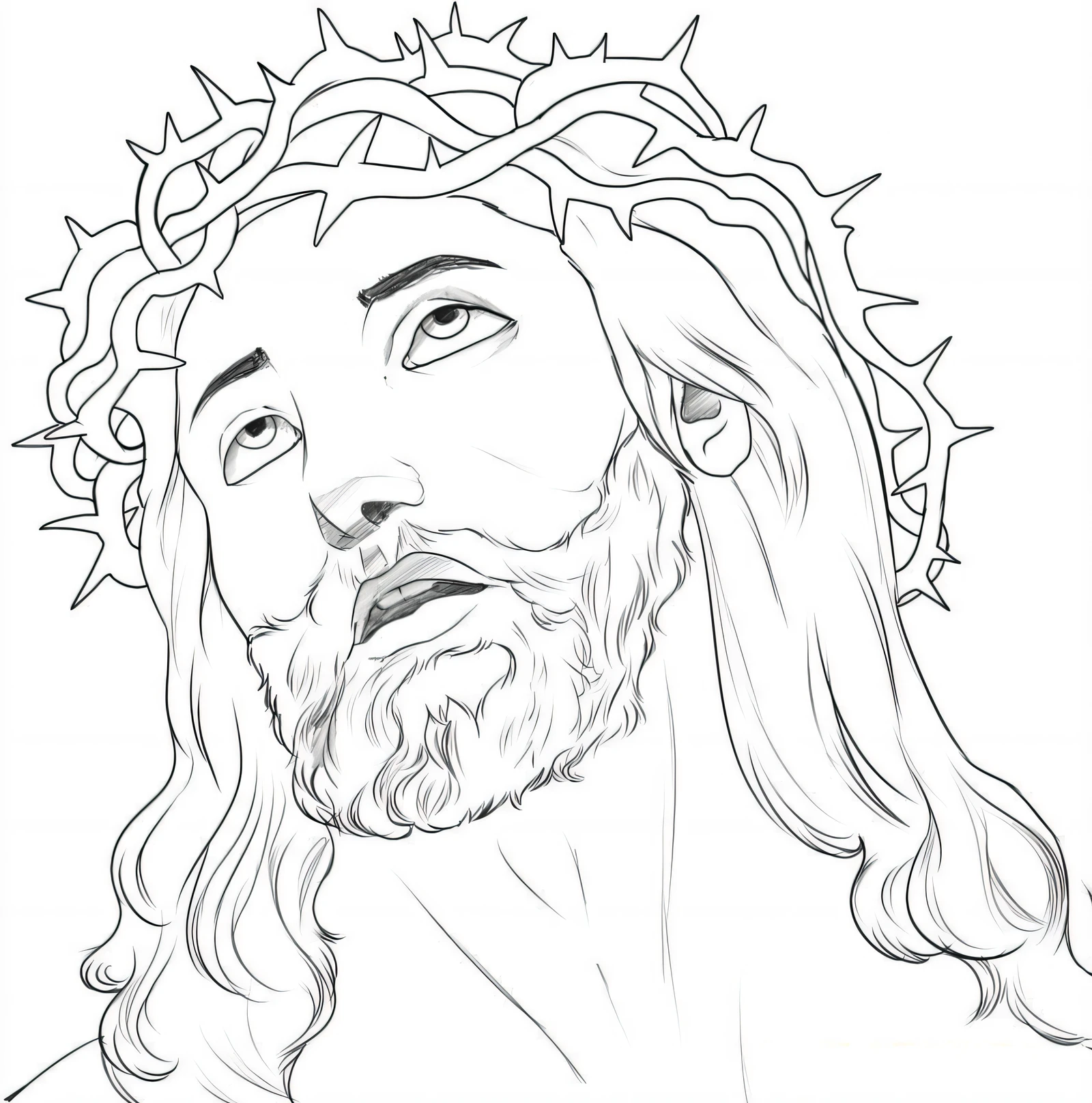 A drawing of Jesus with a crown of thorns on his head, rosto de jesus, Retrato de Jesus Cristo, jesus of nazareth, Lineart Behance HD |, Jesus Cristo na Cruz, lineart perfeito, lineart simples, outline sketch, desenhado com photoshop, desenho de linha realista, sketch art, coroa de espinhos, desenho de contorno, Jesus Cristo, line art colouring page
