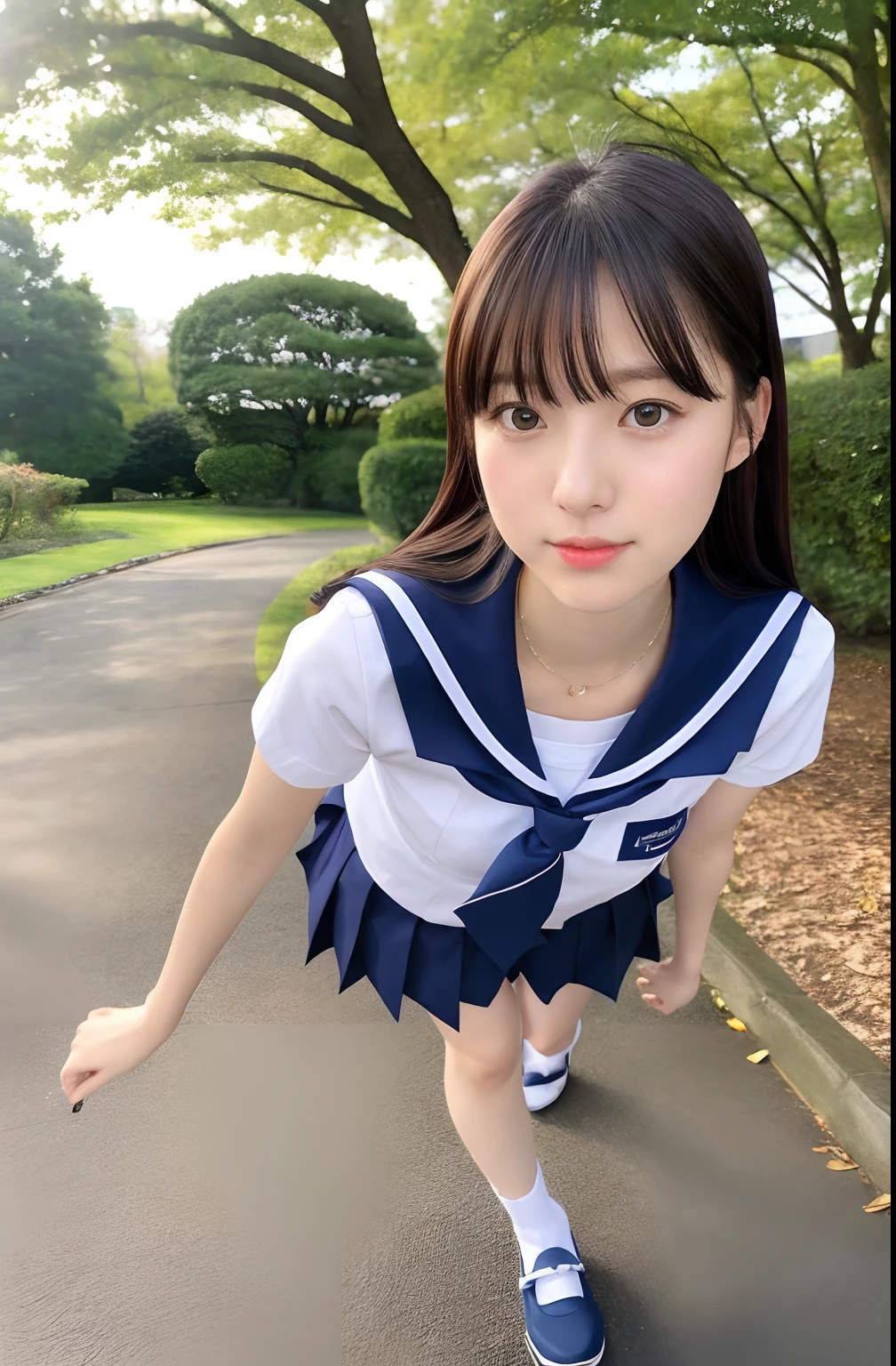 Close up portrait of woman walking in park in sailor suit、Japan Person Model、Young Sensual Gravure Idol、Young cute gravure idol、Realistic Young Gravure Idol、Realistic sensual gravure idol、Young gravure idols、sophisticated gravure idol、奈良美智、Young skinny gravure idol、beautifull asian girl ever、oppai、clong legs、full body Esbian