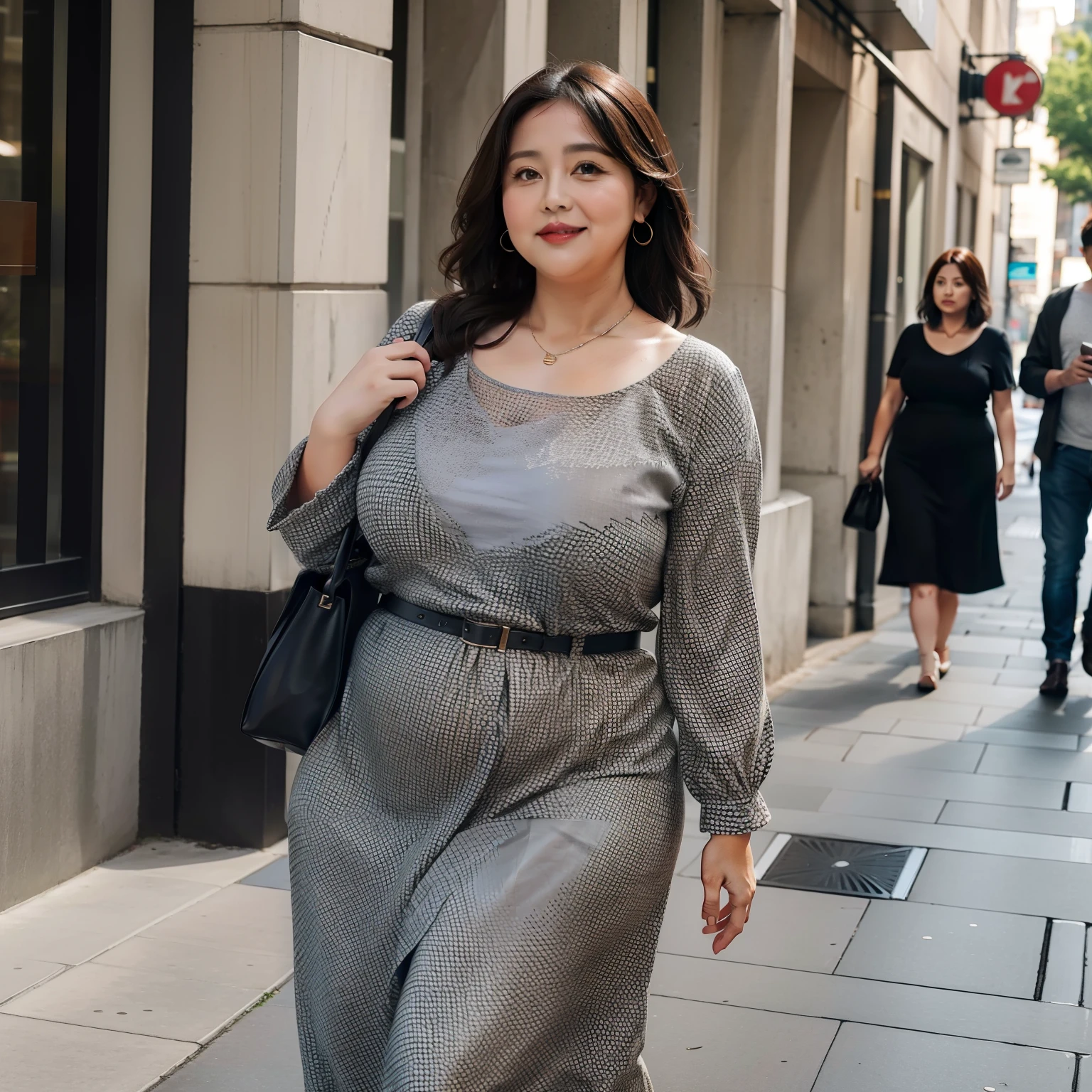 A middle-aged slightly chubby woman fashionable outfit