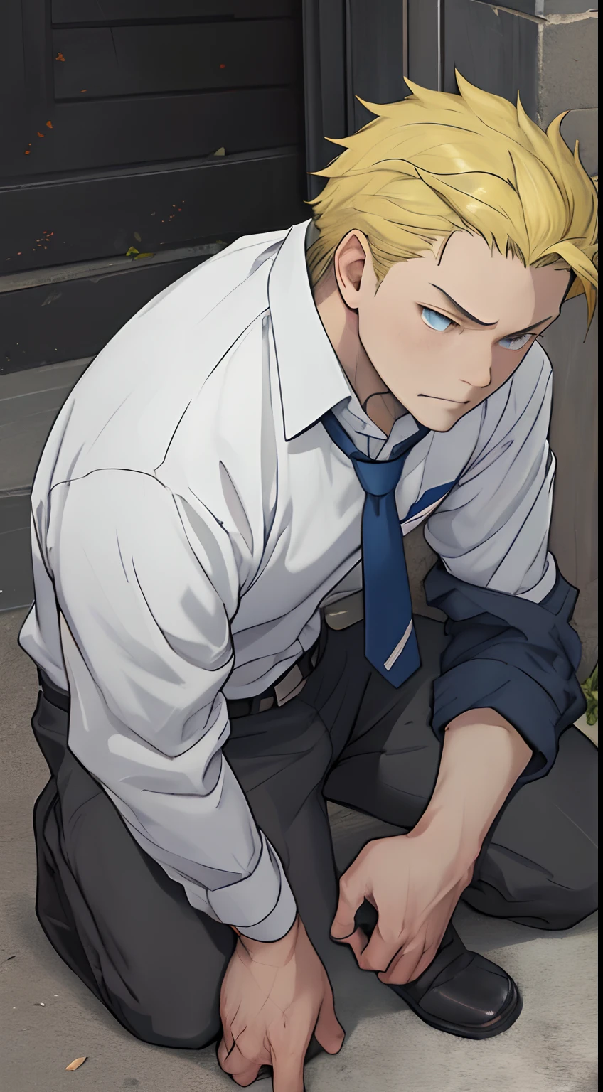(1 Adult male),A high resolution, Sharp focus, Pixiv masterpiece, ((Complicated details)), highly detailed, natsuki_subaru, 1 man,Defeat, crestfallen,full bodyesbian,kneels on the ground, (A gesture of pleading),blue color eyes(eyes glowing), Short yellow hair,white shirt,Wear a tie,Wear a belt,perspire,look from down