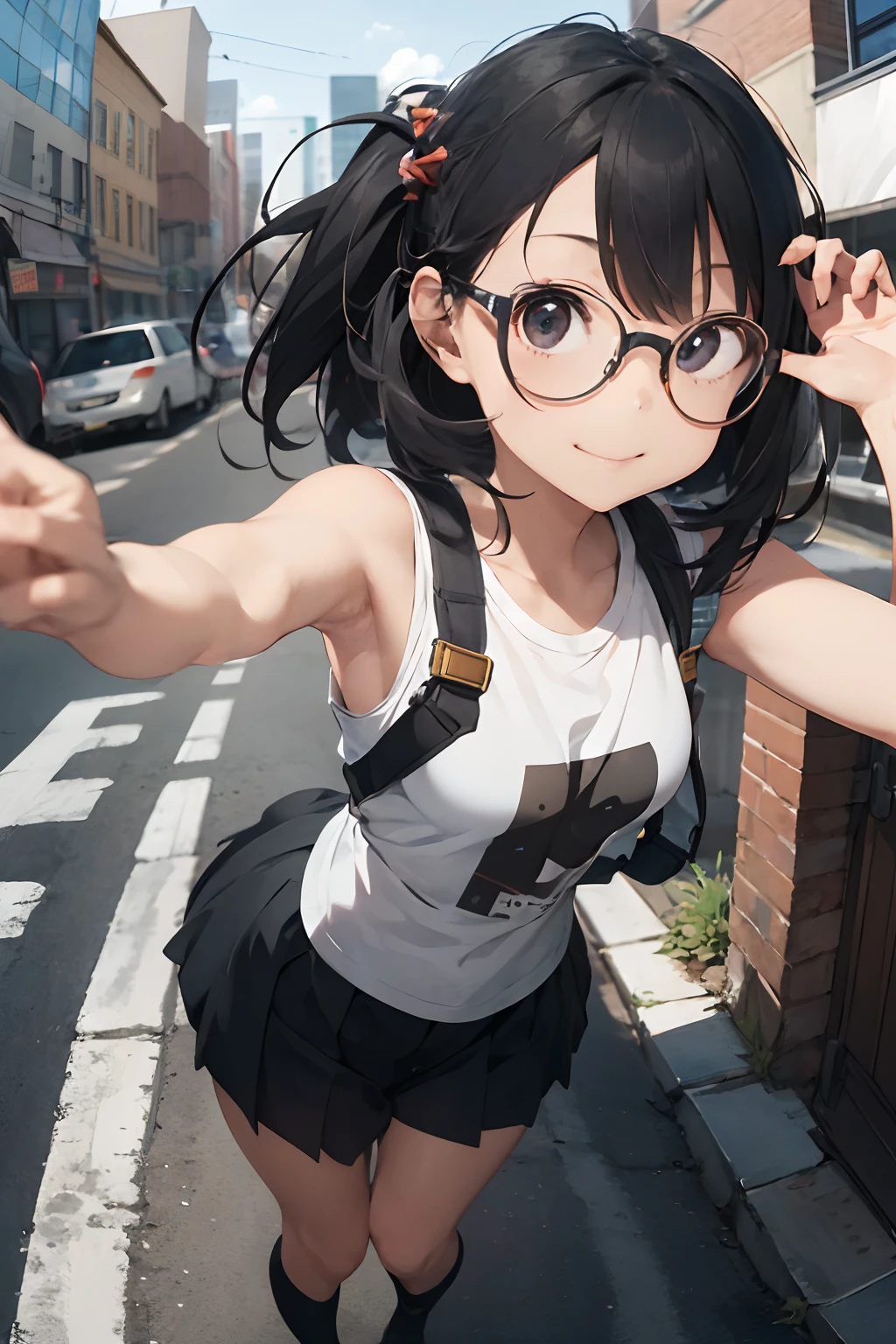 1girl, solo, kawaii, bobb hair, round glasses, dynamic pose, dynamic angle, smirk, t-shirt, sleeveless, Design an image with a fisheye lens effect, capturing a wide field of view with a distinctive, curved perspective. masterpieace, in the down town