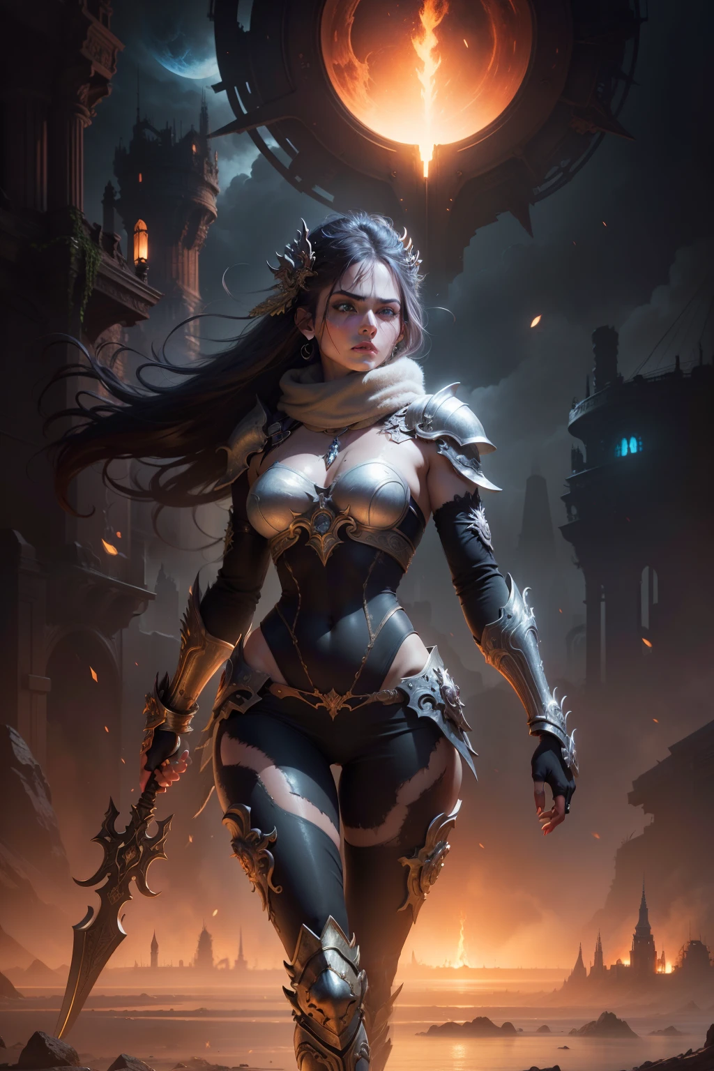 intense gaze, anger, a hyper realistic ultra detailed photograph of a futuristic beautiful barbarian woman wearing at a dystopian city, tattered outfit with rusty metal armor plates, natural long wild hair light red tint, tattooed hands and body, fashion pose, detailed symmetric beautiful hazel eyes with circular iris, detailed gorgeous face, apocalyptic environment, natural body posture, professional photographer, captured with professional DSLR camera, professional fantasy artists, professional rococo and baroque background artists, professional artstation and cgsociety artists, professional official art artists, rococo and baroque,64k,ultra detailed, ultra attractive beautiful,ultra accurate detailed, ultra attractive lighting, ultra unreal engine, by TanvirTamim, intricate, epic, trending on artstation, by artgerm, h. r. giger and beksinski, highly detailed, vibrant, loin cloth.