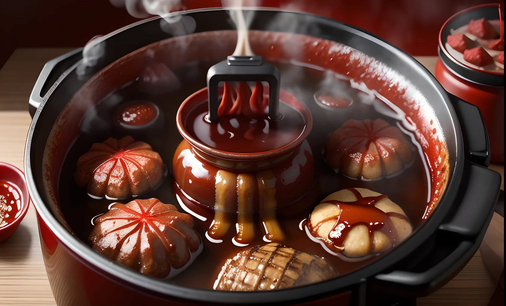 Steaming hot red oil hotpot, sizzling red oil, overflowing with meat rolls, spicy aroma, detailed ingredients, steam rising, vibrant colors, chopsticks, warm lighting, intricate textures,highres, close-up, from above