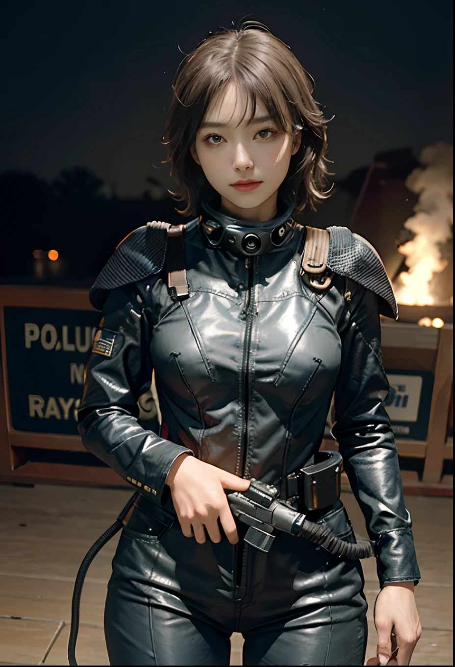 Highest image quality, outstanding details, ultra-high resolution, (realism: 1.4), the best illustration, favor details, highly condensed 1girl, with a delicate and beautiful face, ((cowboy shot)), (wearing racing suit likes police uniform, black and gray mecha, wearing a night-vision goggle, military harness, holding a machinegun or bring a machinegun, "SST"), peoples confusing, fires, smokes,