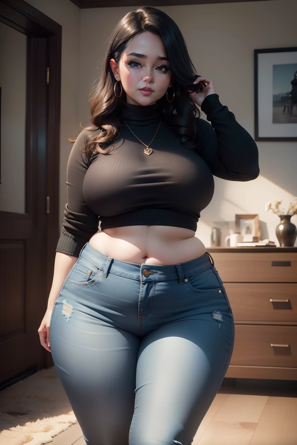 1 beautiful woman, chubby, lady, cheeky, black crop top, black sweater, blue jean, boots.