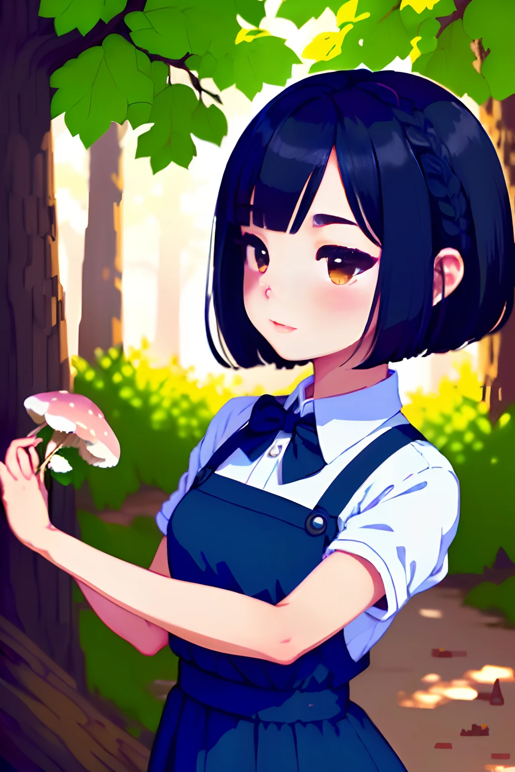 ((pix)) 1girll, 独奏, Black braided hair, simplebackground, Picking mushrooms in the forest, portrait
Blush,,(Short black Bob hair:1.3)white short sleeve shirt,Navy blue bow tie,Navy blue plated long dress,(stu_mton_public),