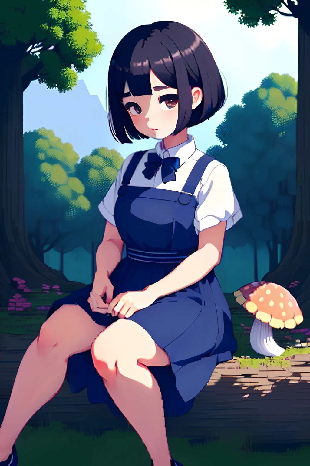 （（pix）） 1girll， 独奏， Black braided hair， simplebackground， Picking mushrooms in the forest， portrait
Blush，，（Short black Bob hair：1.3）white short sleeve shirt，Navy blue bow tie，Navy blue plated long dress，（stu_mton_public），