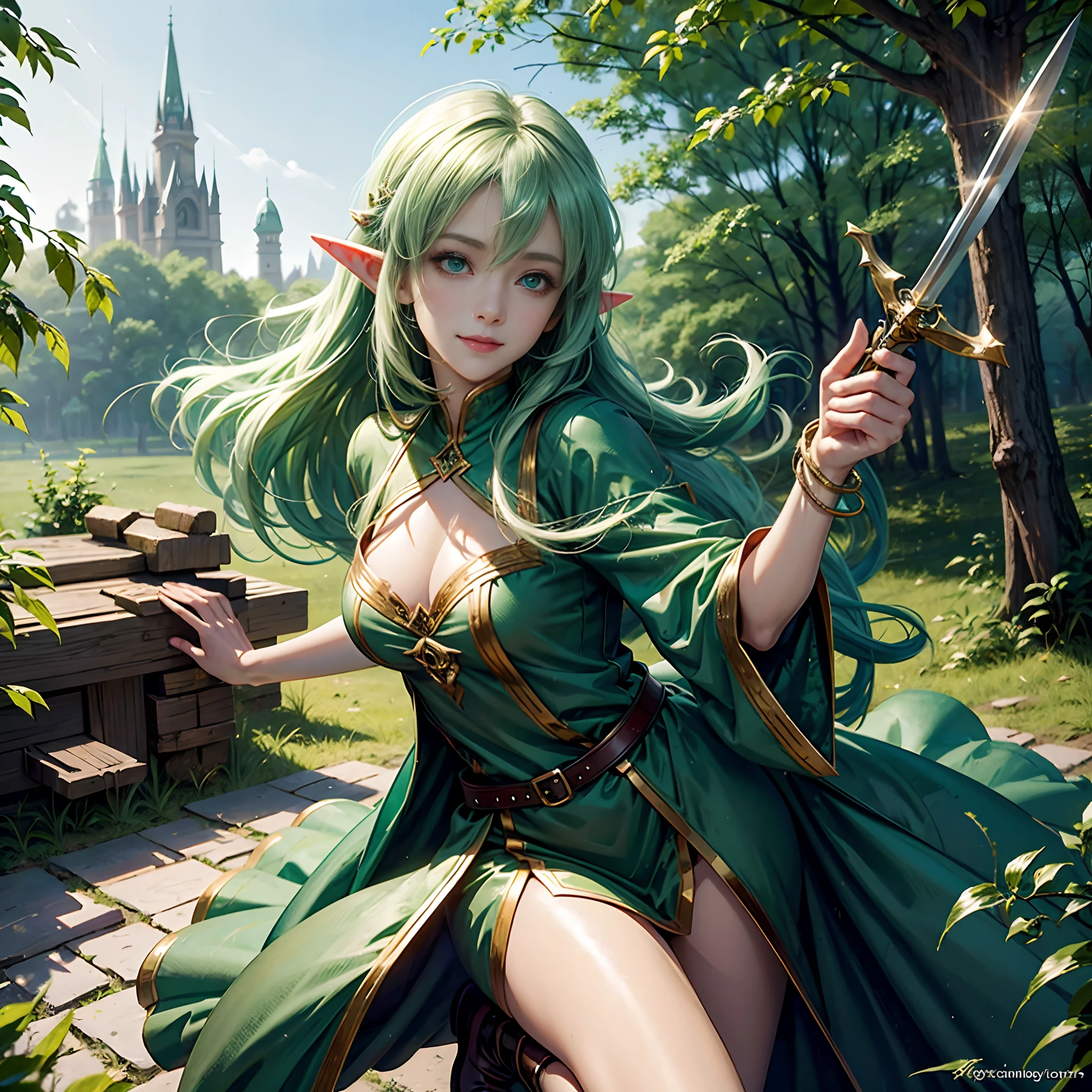 Anime style、Elf Beautiful Girl、Magic Swordsman、in woods、With smiling eyes、Green costume、full body Esbian, ((((nice hand)))),ssmile