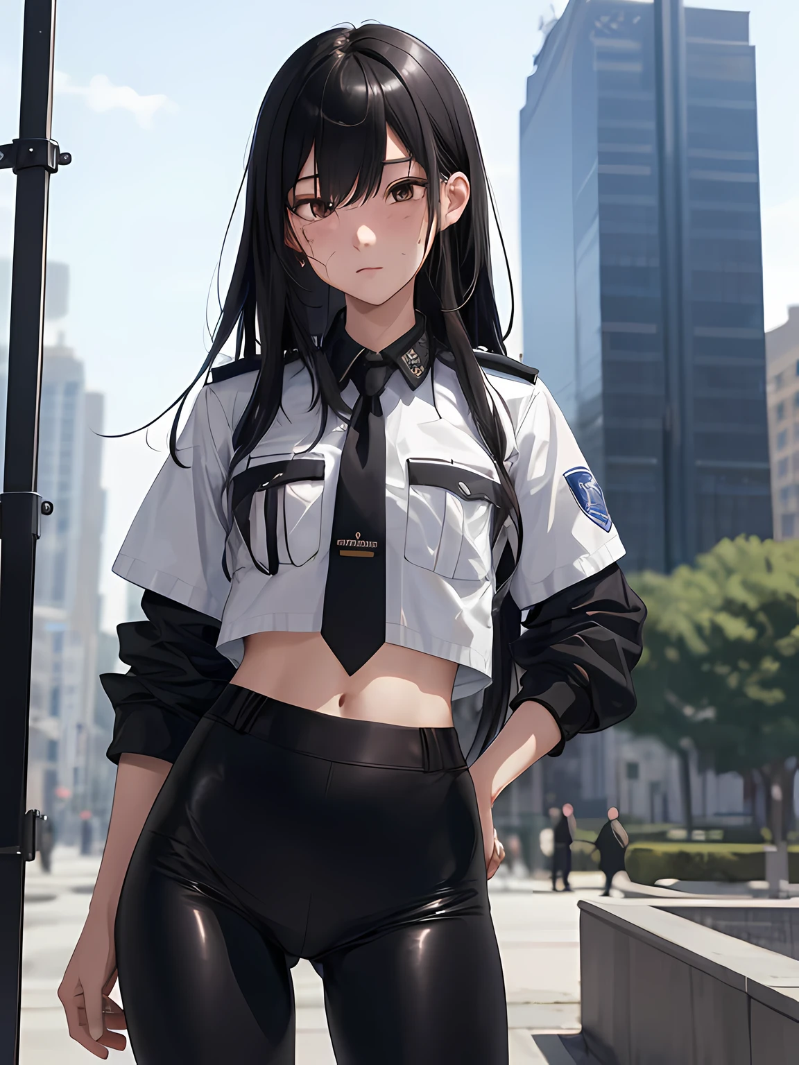 (8k, highest quality, best quality, masterpiece, highly detailed:1.2), 1girl, black hair, asian, black leggings, police uniform, slim, mature, 21 years old, long hair, athletic, crying, very sad