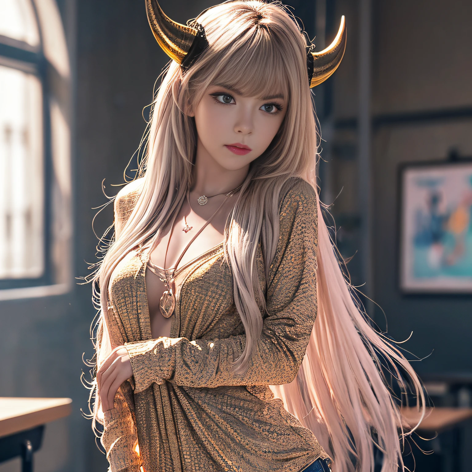 Adult female, long hair, shirt, golden eyes, vertical pupils, magic, tattoos, dragon horns, epic reality, necklace, (CG Unity 8K wallpaper with extreme detail, masterpiece, highest quality), ray tracing, reflective glow white: 1.5, textured gloss orange: 1.3, (rendering excellent enough to stand out in class), full body