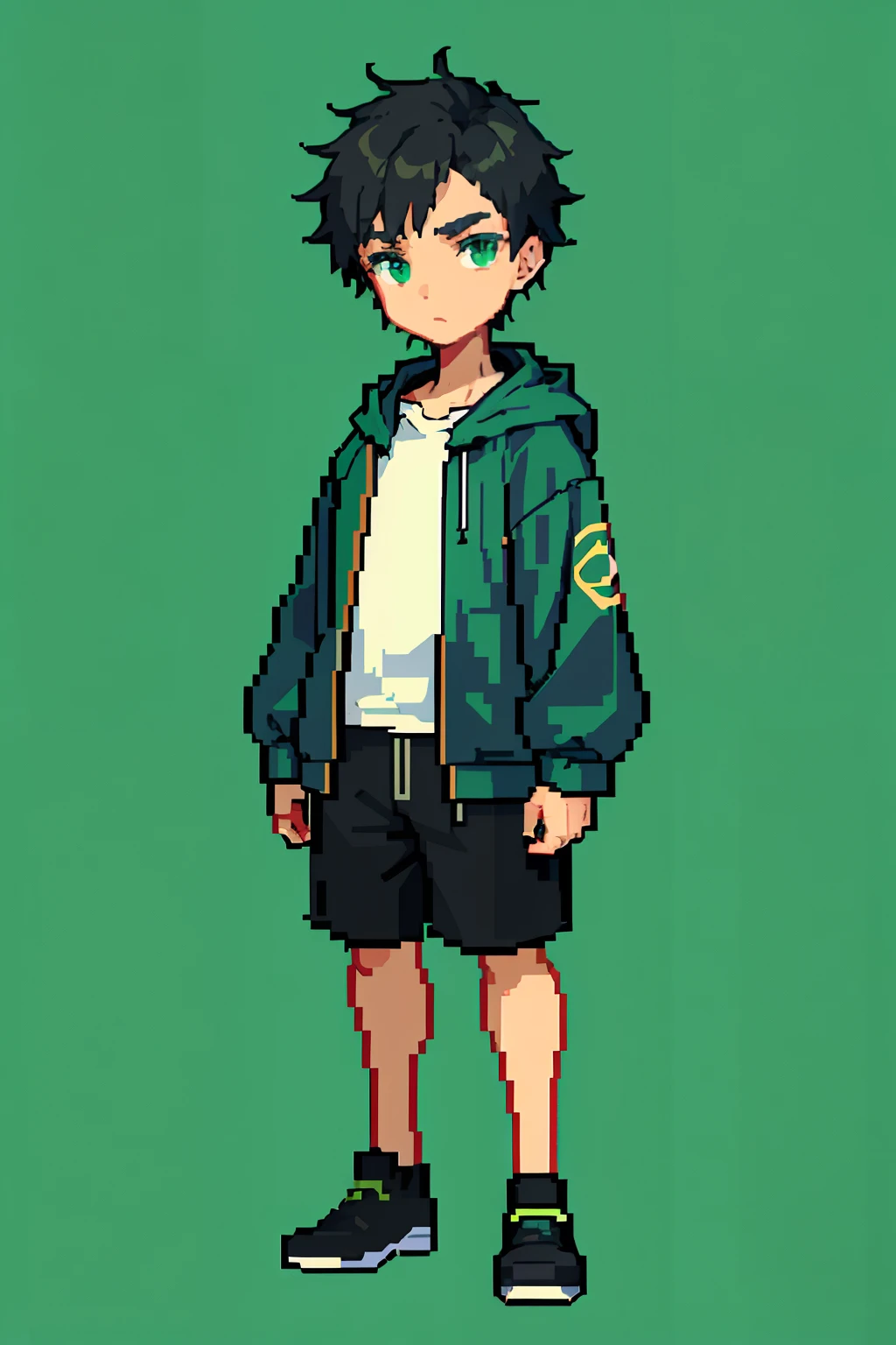 (Masterpiece, Top Quality, Best Quality), Pixel, Pixel Art, 1boy, Full Body, Avatar, Black Inch, Dark Green Hooded Sweatshirt, Wheat Complexion, Loose Shorter Shorts, Light Green Solid Background