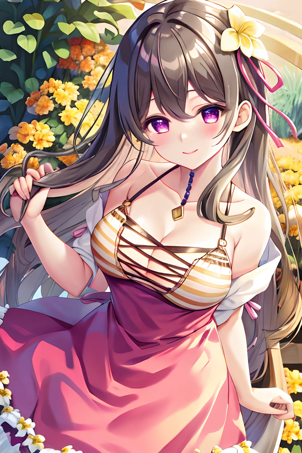 masterpiece, top quality, best quality,1girl, solo,looking at viewer,smile,lolita_dress,long hair,holding_skirt,flower garden,garden, hanakumo rin, flower, purple eyes, hair ornament, hair between eyes, bangs, hair flower, bare shoulders, collarbone, yellow flower, hair ribbon, halterneck, breasts, pink ribbon, very long hair,