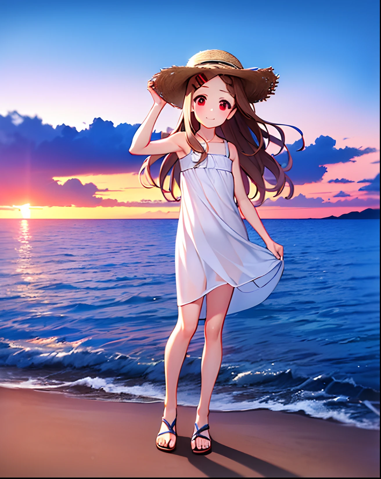 perfect anatomy,high detailed,official art,super detailed skin,super detailed eyes,8k,Raw,1girl,,red eyes,lolio,(AobaKokona),(light brown hair),wavy hair,hairclip,straw hat,flat chest,slender body,smile,outdoor,screencap,beautiful background,summer,on the beach,(blue hour),blue tone,(evening),sunset,standing,wind,summer white dress,[see_through],sandals,girl friend,looking at viewer,side viewer,date,depth of field,arm up,face focus,