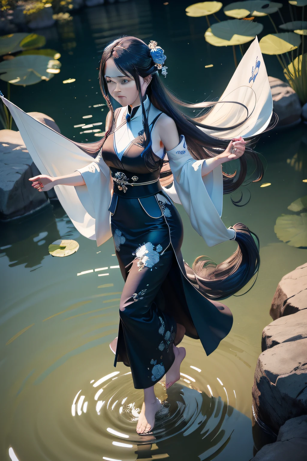 ((4k,masterpiece,best quality)), shuimobysim, traditional chinese ink painting, lotus, hanfu, maxiskit, dress conservatively 1girl, solo, long blue hair, smile, standing, feet in the water, barefoot,