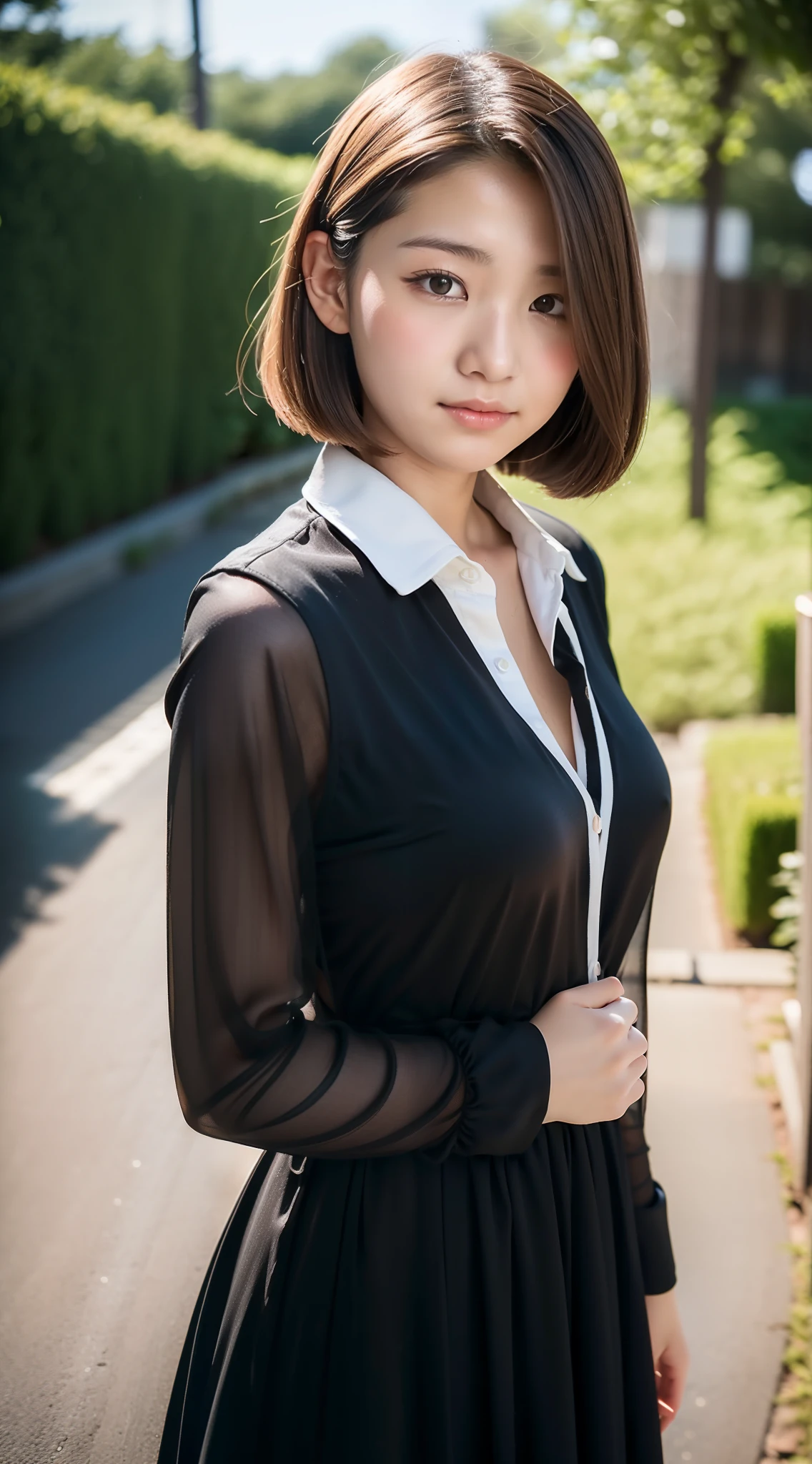 (), (Beautiful),(girl with),(18year old:1.9),((get blush:1.2)),(embarrassed:1.3),(),(in 8K),(),Japan cute girls,raw,portlate,Photorealsitic,超A high resolution,Best Quality,Natural lighting,
BREAK
((Black Dress:With white-collar:1.8,long-sleeve:frilld:)),(Big ass),(thick thight:1.3),(Plump body:),(bob cuts:1.6,Brown hair:1.3),
BREAK
(Natural Skin Texture,Detailed skin, Hyper-Realism,ultra sharpness),Intricate details,depth of fields,