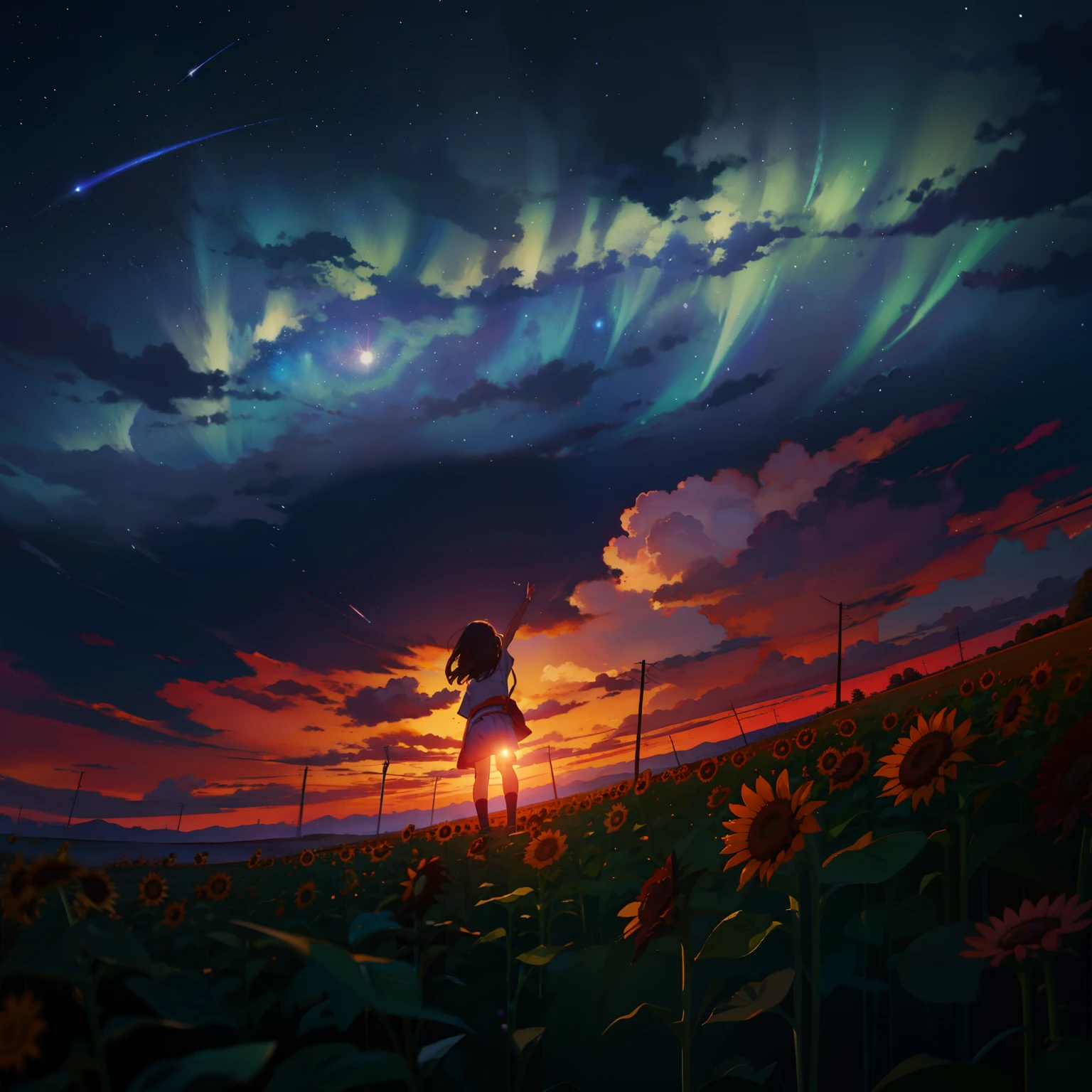 夏天, white clouds, sunflowers fields、Runway: 1.2, tree, shooting stars, Small Waterhole, Reflectors, Suny, sunlights, wide angles, top-quality, 8K, Near and far law, depth of fields, hight resolution, finedetail, The ultra-detailliert, foco nítido、Girl looking up at the sky