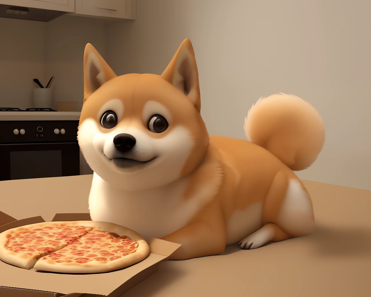 a photo of a cute ((doge)) with a box of pizza, soft render, low detail, ultra graphics, cinematic dramatic light, advanced perspective, colourful, happy, bokeh