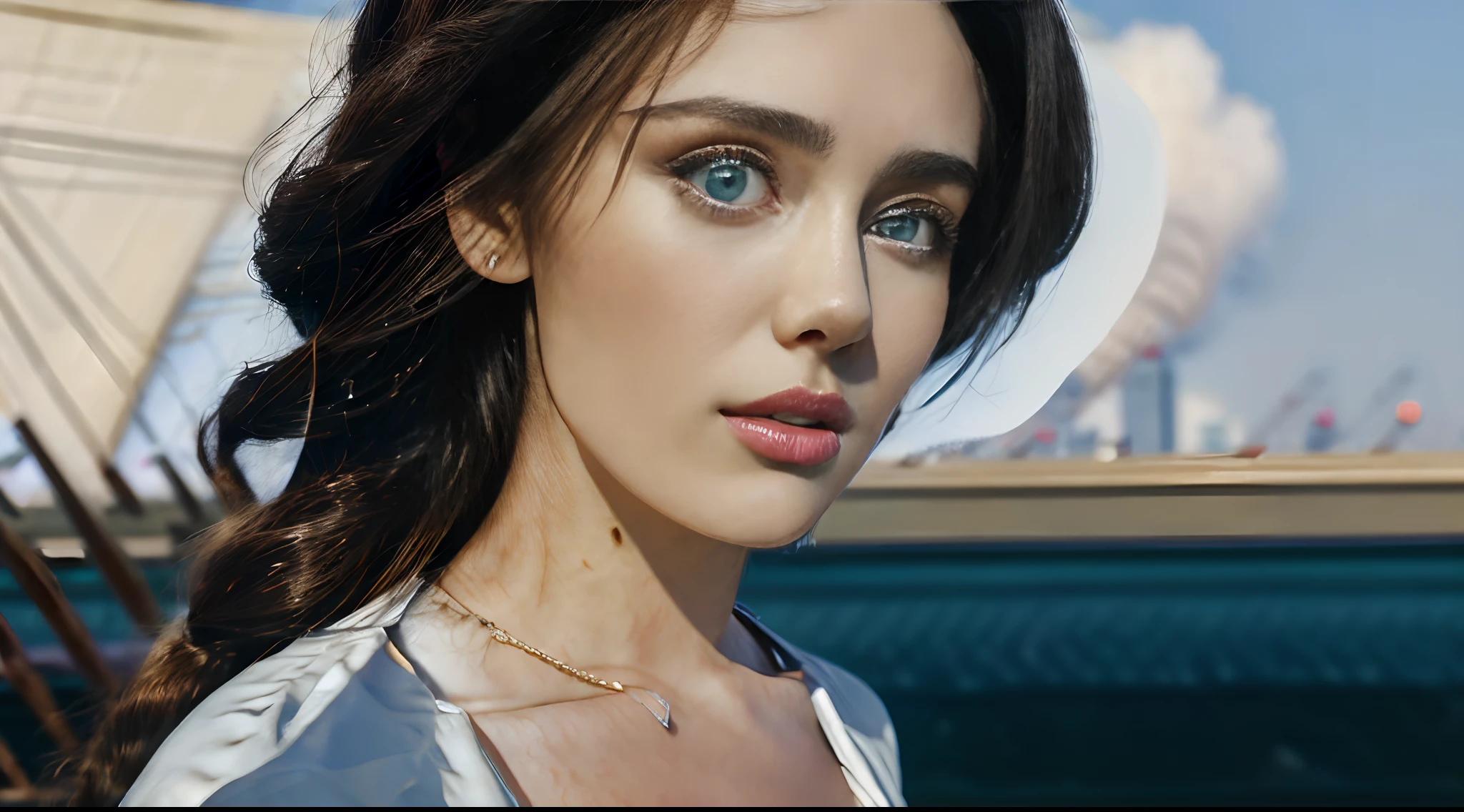 Masterpiece: 1.3), (8k, Photorealistic, Photo RAW, Best quality: 1.4), (UHD), (Ultra high realism), (Ultra high definition), (Ultra high detail), (Increase contrast), (Increase saturation), ((((1girl:1.3)))), A beautiful woman, ((Hybrid face between Monica Bellucci and Jennifer Connelly, 20 years old)), with a perfect figure: 1. 4, Cute face, Beautiful face, (Realistic face), Exquisite hairstyle, Bright light blue eyes with realistic details, beauty in every aspect, (Realistic skin), Radiant skin, with a natural tan tone, irresistible to look at, Ultra high definition, Ultra realistic, Highly detailed, (Large breasts: 1.3), (Cleavage: 0.8), A model with a Caucasian complexion, with a warm, Mediterranean tone to her skin, The model can stand on a high point overlooking the bay and modern skyscrapers. With the wind in her hair, she can look out to the horizon with an expression of admiration or contemplation, Casco Viejo: Offers breathtaking panoramic views of the Bay of Panama and the modern skyscrapers on the horizon. Plaza de Francia and the city walls are perfect elevated locations to capture urban backdrops of exceptional visual impact, (Loose and natural waves hairstyle, soft and tousled waves would enhance the Mediterranean and versatile beauty, large breasts: 1.3), (Neckline), necklace and earrings, ((Slim figure: 1. 2)), (Toned waist), firm and curvaceous buttocks, ((body measurements: 1.68 meters tall and the ratio of bust, weight and waist and hip measurements 99 x 63 x 91 cm)), ((plunging neckline)), ((Translucent white shirt over black underwear. Shirt ajar, with an elegant and casual dress style)), Shot in 70mm, 8k, Photorealistic, --q 5 --ar 16:9 --v 4, HQ, 8K (film grain: 1.3), 8k UHD, DSLR, soft lighting, high quality, HDRI, Fujifilm XT3
