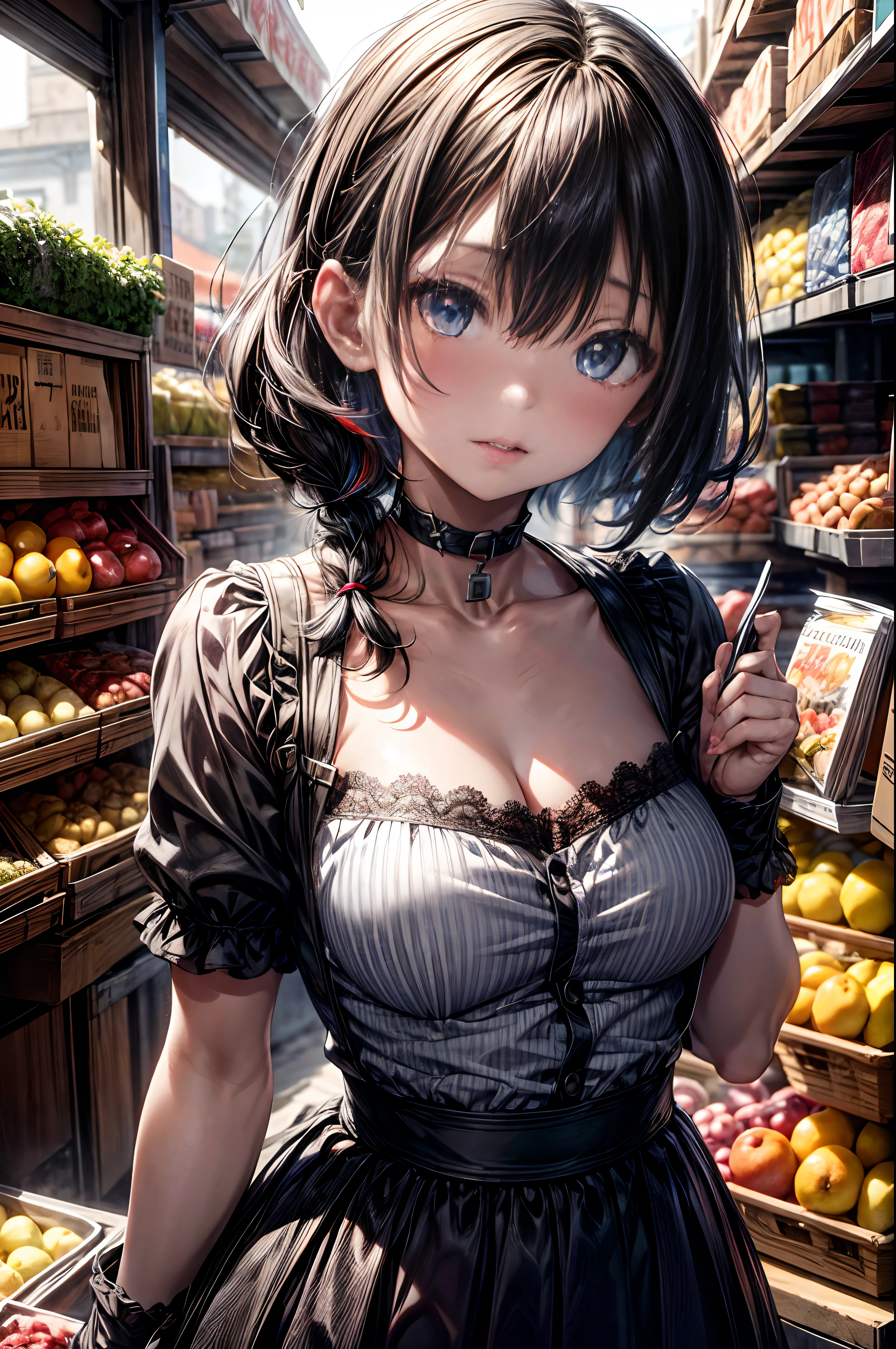 mash kyrielight, White hair, short hair, red eyes, girl, woman, female, little, , 10 yeium hair, curly hair, bangs, eyes visible through hair, side braid, white and black hair, multicolored hair, red inner color, beautiful detailed Glass hair, delicate beautiful face, red pupils, fangs, small_breasts, pale blu white skin, choker, gloves, nice hands, perfect hands, camisole, holding fruit, lemon, grapefruit, parted lips, blush, skirt, earring, holding food, bang, in fruit market, more_details:-1, more_details:0, more_details:0.5, more_details:1, more_details:1.5