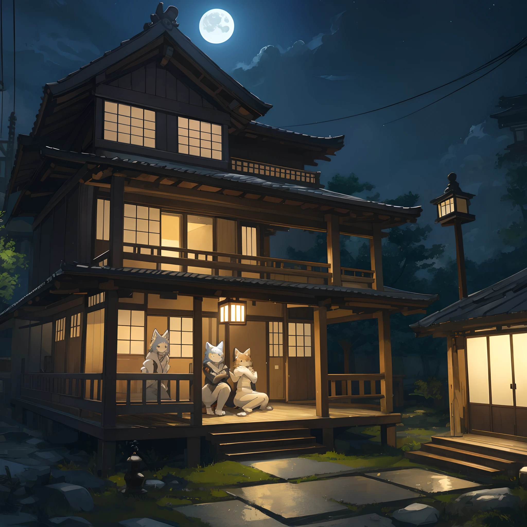 top quality, best quality, High-quality illustrations, masterpiece, super high resolution, highres, absurdres(highly detailed beautiful face and eyes)perfect anatomy, detailed background, User Interface of game, side view game, night, japanese house, deteriorated furniture, windows, moonlight, 6+boys, 6+girls, expression, good lighting, cinematic shadow(kemono, furry anthro)assorted poses,