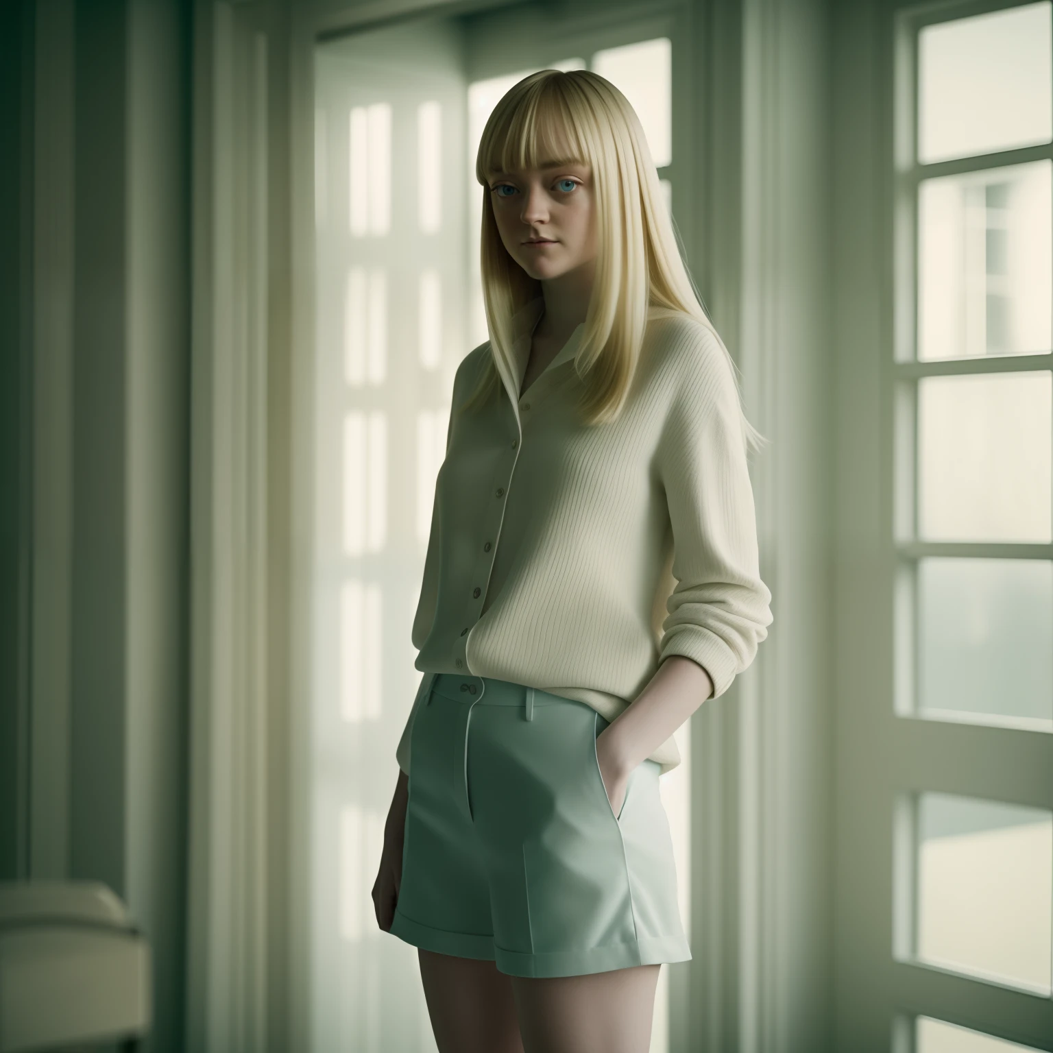 blond woman in jins shart, standing, full body, dakota fanning, soft portrait shot 8 k, female portrait, james jean soft light 4k, james jean soft light 4 k, a still of an ethereal