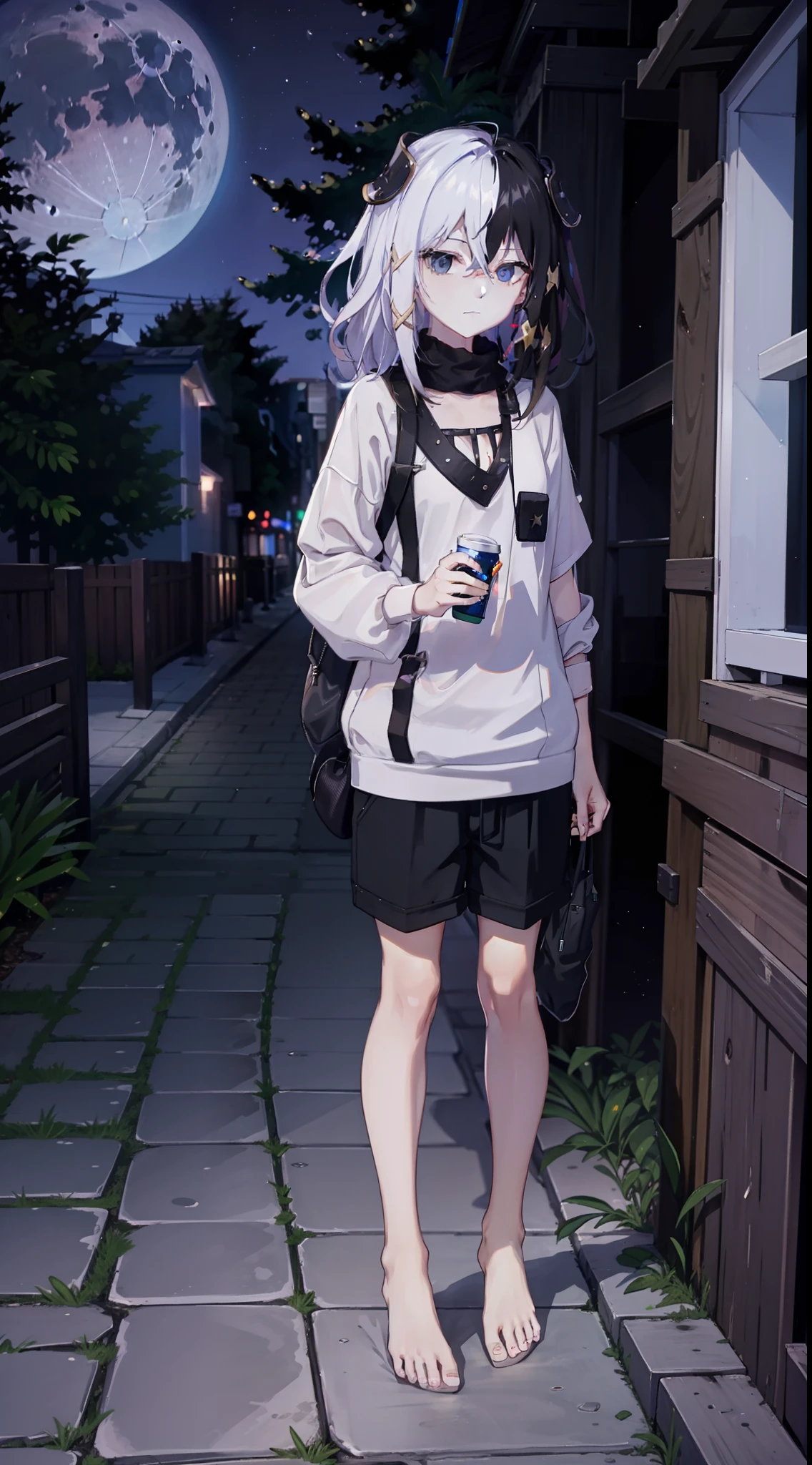 night time, neighbourhood, outside, dark sky, stars, moon, black sweater, shorts, slides, going to convenience store