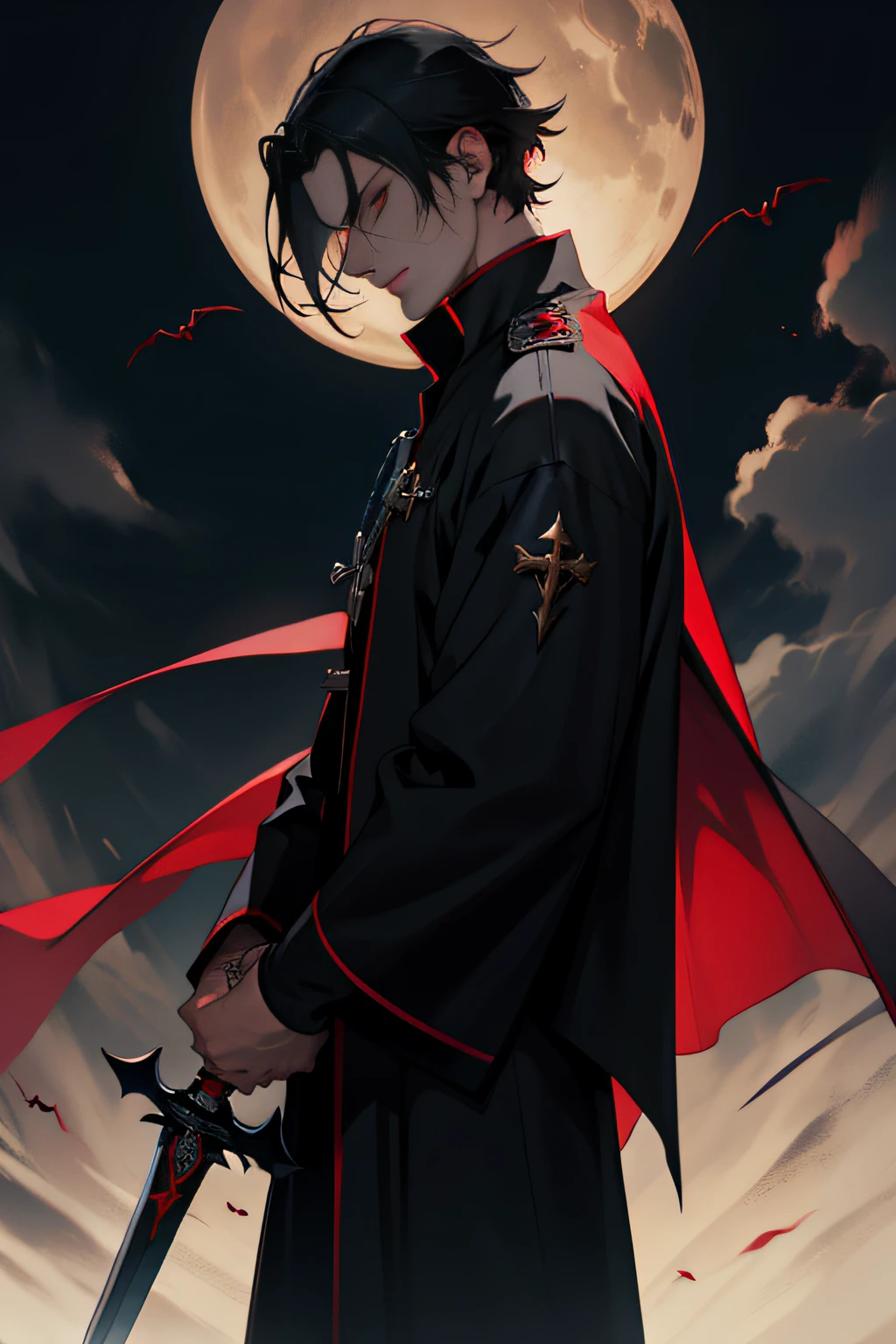 vampire man, priest outfit, long sword, short black hair, red eyes