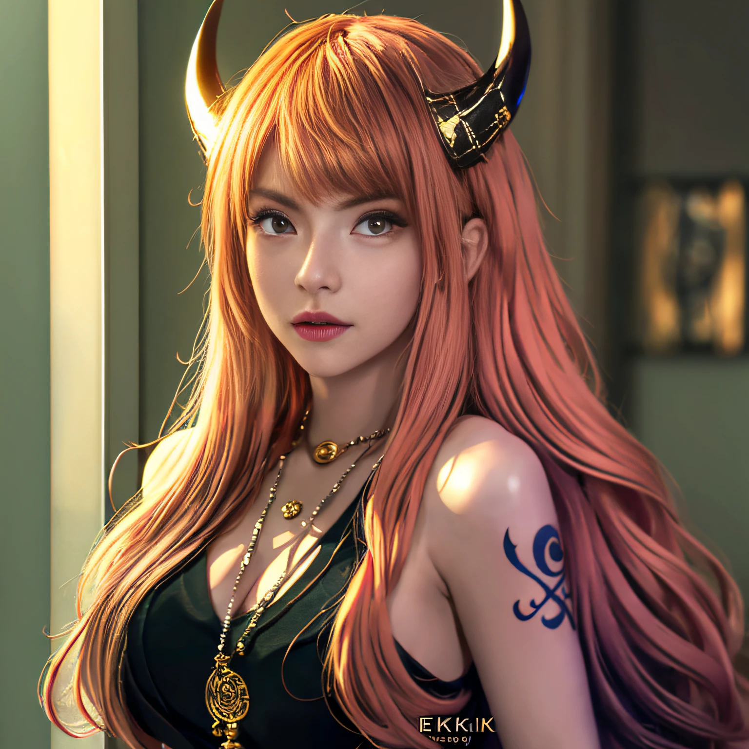 Adult female, long hair, shirt, golden eyes, vertical pupils, magic, tattoos, dragon horns, epic reality, necklace, (CG Unity 8K wallpaper with extreme detail, masterpiece, highest quality), ray tracing, reflective glow white: 1.5, textured gloss orange: 1.3, (rendering excellent enough to stand out in class), full body