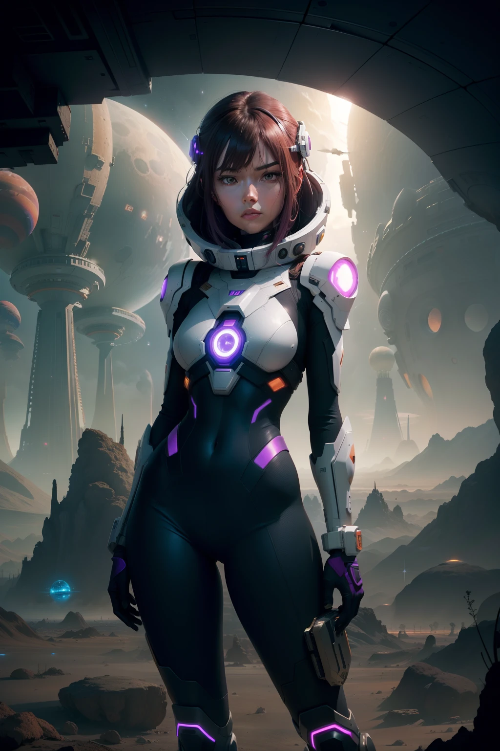 Clean smooth simple lines antistyle an extreme long shot of an armored female space and planet explorer with slightly reddish tinted hair, in an open and large terrain, open terrain of an arid alien world with Saturn like planets visible in the night sky, sci-fi planet-scapes as far as the eye can see satellites spaceships and shooting stars, alien mega city in the distance with spiral buildings reaching to the sky, hyperdetailed photorealistic 24k resolution in the style of Ray Bradberry, orange pink inky black and purple color scheme.