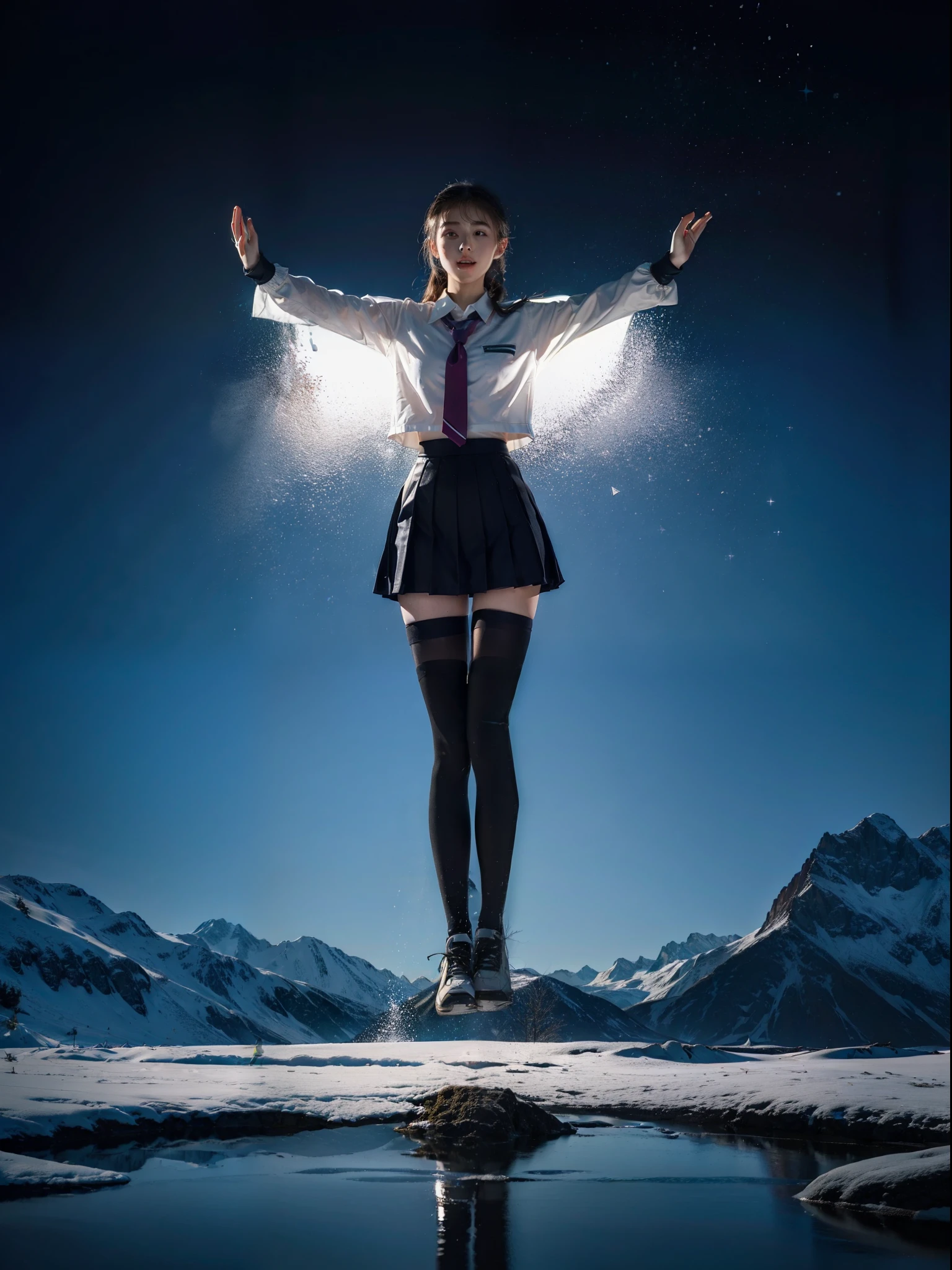 (Full body shot:2), anatomy correct, Must show your face, Dance on top of a mountain,There is a lot of snow, The breath of nature, Lolita-style small leather shoes must be worn, (In pink|amarelo|blue colors|green color|red colour|white colors|black in color|purpleish color|greys|Beige|Skin color), Wearing a JK student uniform, Over-the-knee stockings,(gloss on the skin:1.3),Many jewelry, A shallow laugh, anatomy correct, Complex and diverse backgrounds, hyper HD, Ray traching, reflective light, structurally correct, Award-Awarded, high detal, lightand shade contrast, Face lighting, tmasterpiece, super detailing, high high quality, high detal, best qualityer, Reflectors, 16k