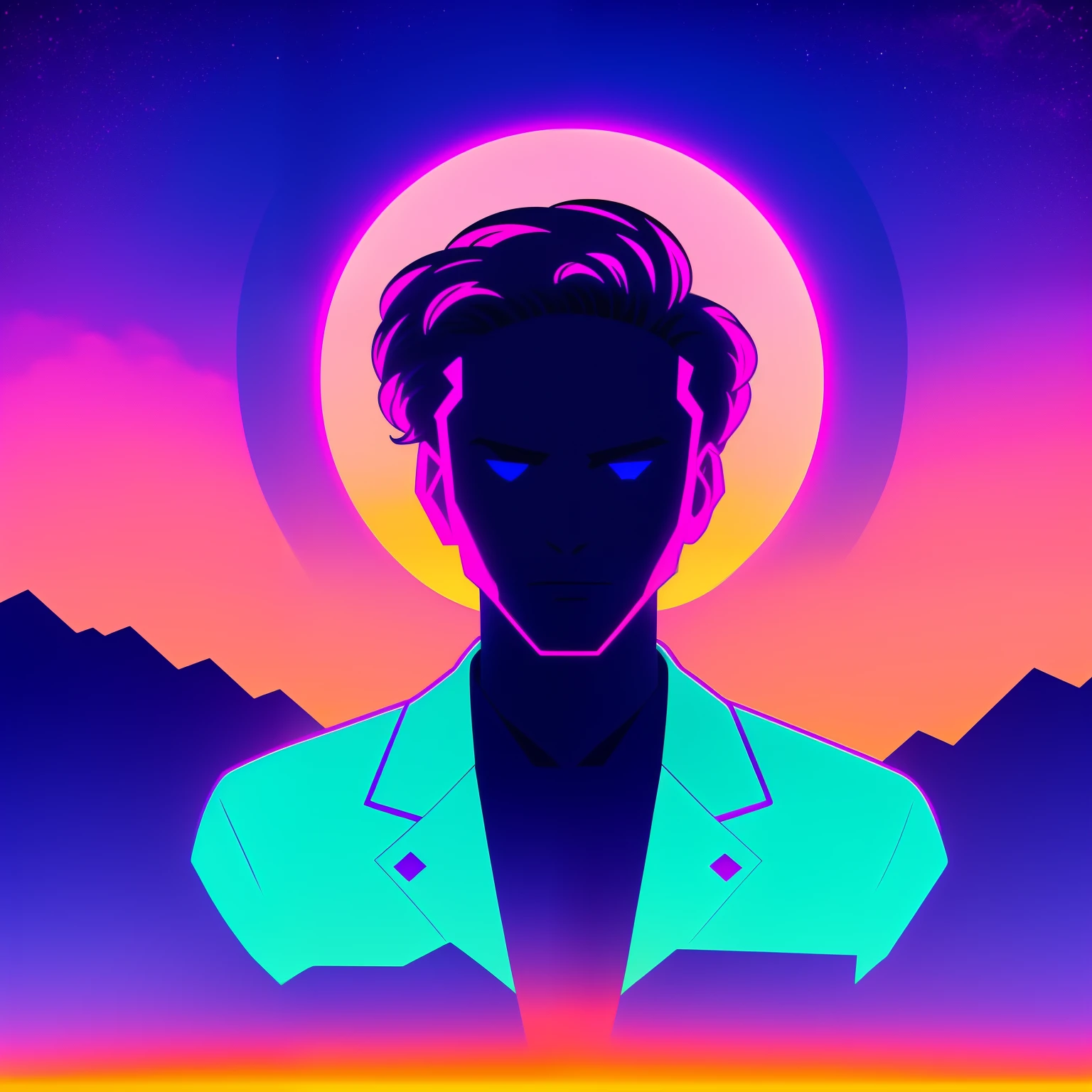 a silhouette of a ghost, sunset illustration, synthwave sunset, art deco outrun anime aesthestic, retrowave art, epic retrowave art, illustration!, synthwave image, vaporwave sunset, ( ( ( synthwave ) ) ), stylized digital illustration, in style of 80s sci-fi art, synthwave