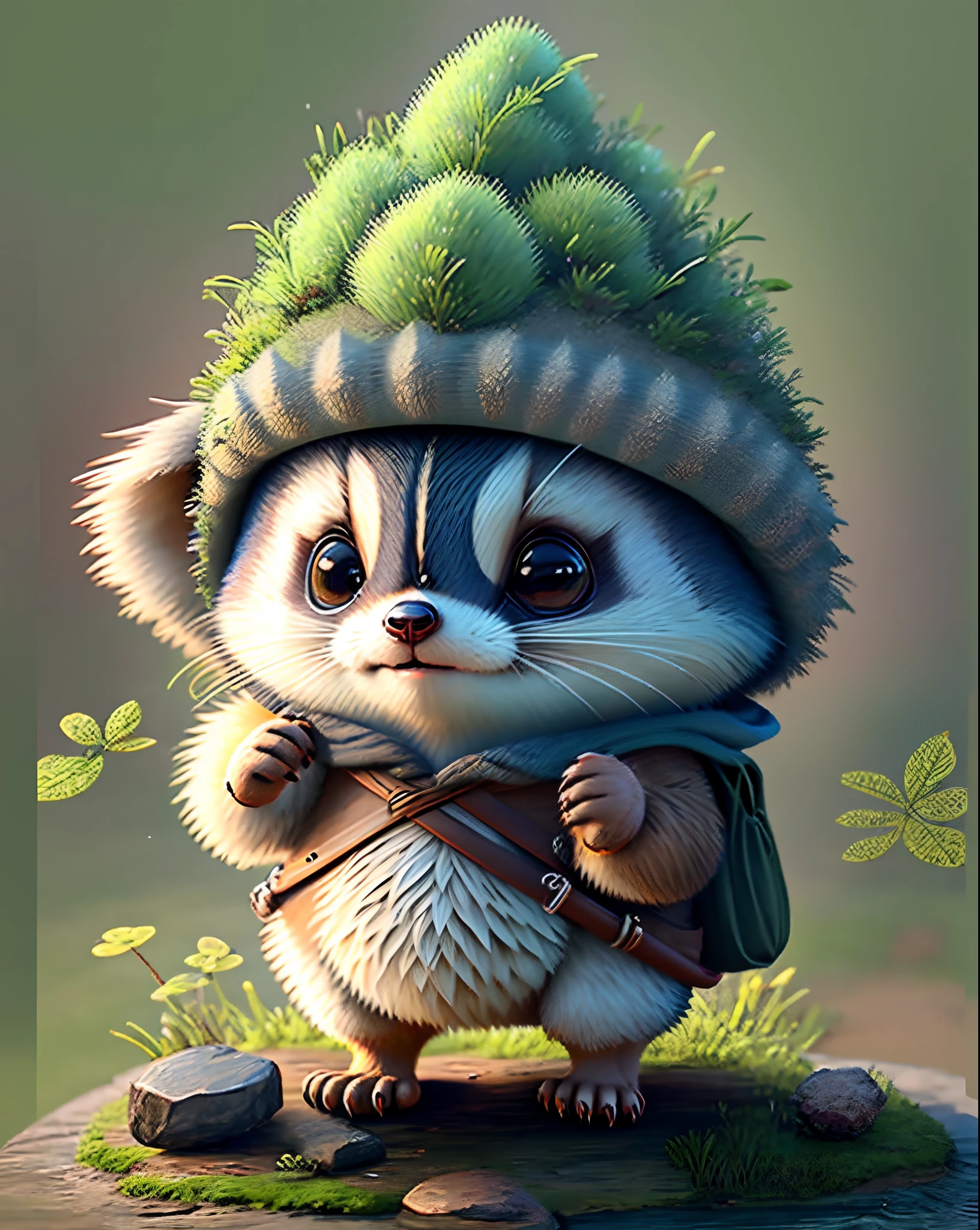 Top image quality、"Create cute creature masterpieces with inspired ultra-detailed concept art. Let your imagination come alive", (Raccoons), high detailing, in 8K、Top image quality、Dressed as a hunter in medieval Europe、Carrying a bow and arrow and a bow holder on his back、