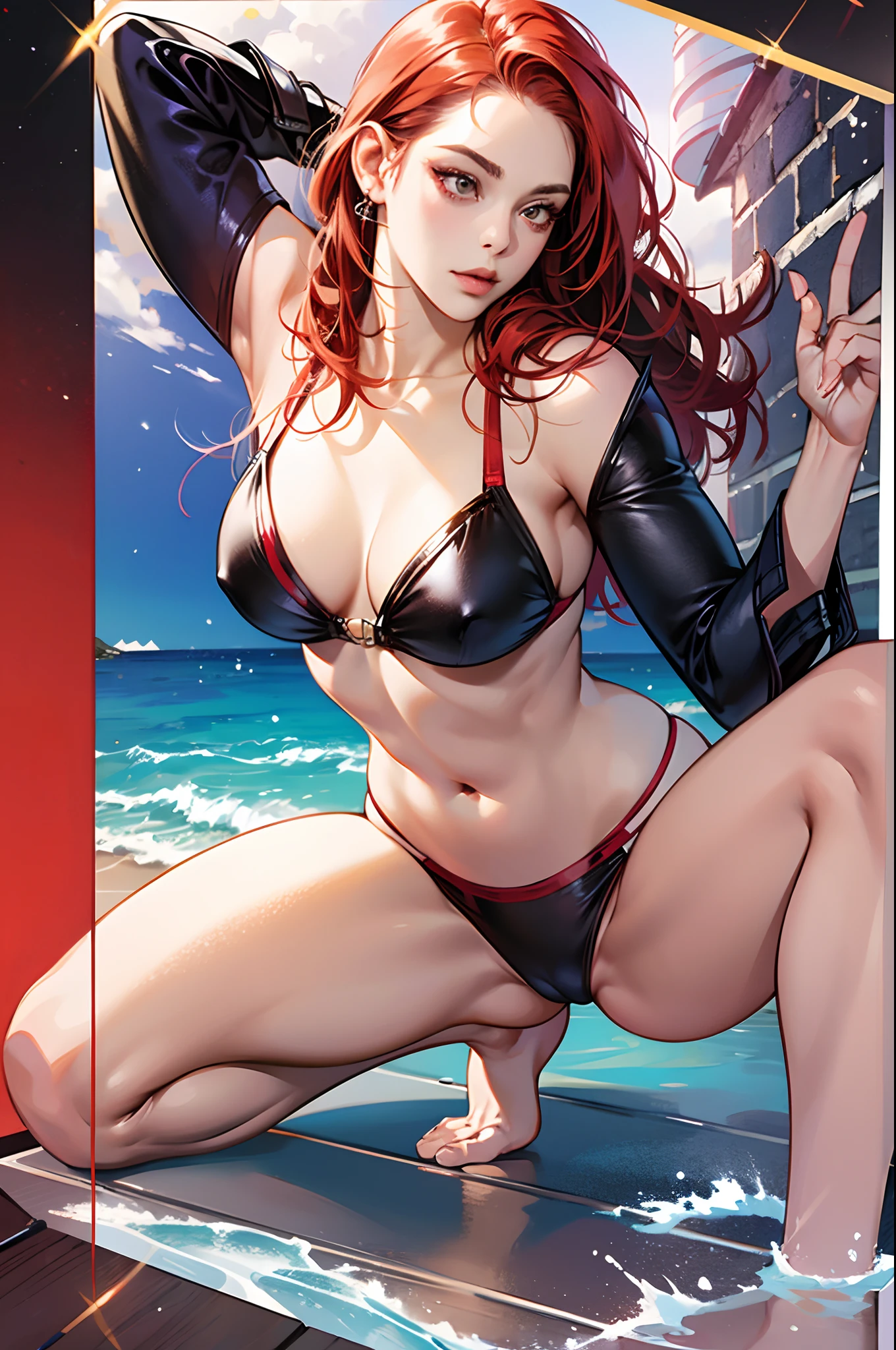 seductive red haired woman, hyper realistic, 64k, spider-man bikini --auto --s2