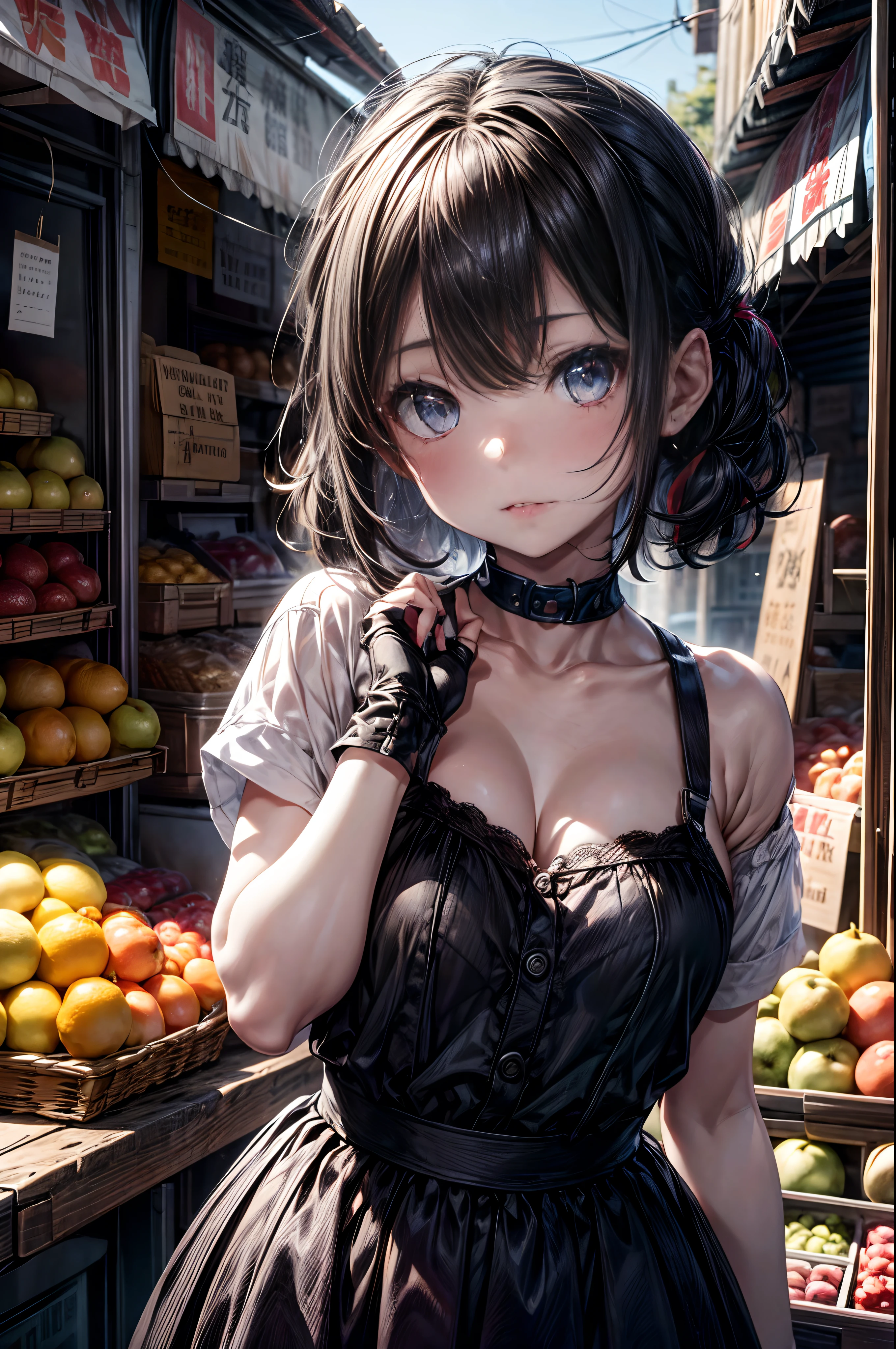 mash kyrielight, White hair, short hair, red eyes, girl, woman, female, little, child, 10 years old, medium hair, curly hair, bangs, eyes visible through hair, side braid, white and black hair, multicolored hair, red  inner color, beautiful detailed Glass hair, delicate beautiful face, red pupils, fangs, small_breasts, pale blue eyes, white skin, choker, gloves, nice hands, perfect hands, camisole, holding fruit, lemon, grapefruit, parted lips, blush, skirt, earring, holding food, bang, in fruit market, more_details:-1, more_details:0, more_details:0.5, more_details:1, more_details:1.5