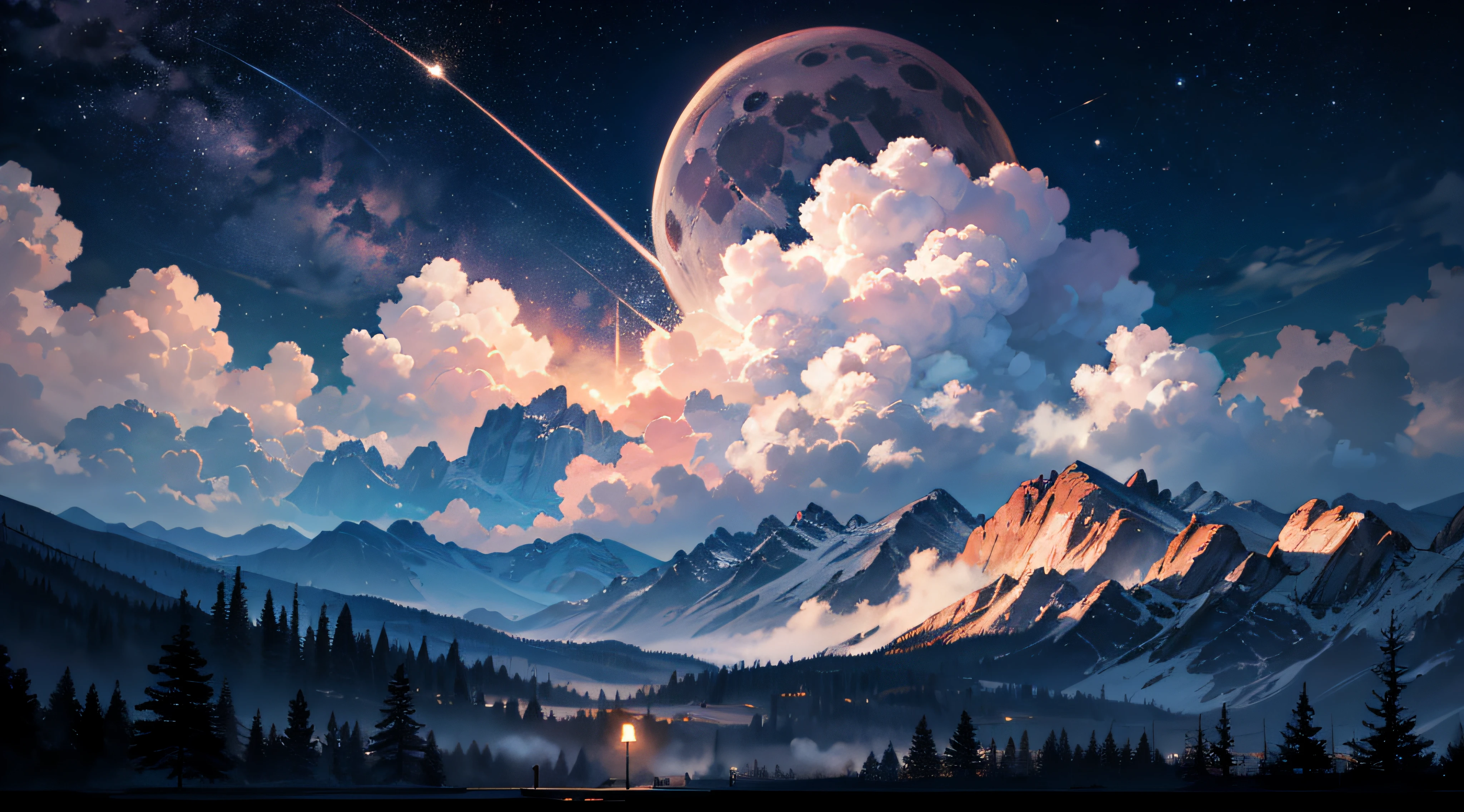 Expansive landscape photograph,(moon full:1.2),(meteors:0.9),(Starcloud:1.3),(Warm light source:1.2),(glowworm:1.2),lamp lights,Lots of purple and orange,Complicated details,Volumetriclighting,Realism BREAK(tmasterpiece:1.2),(best qualtiy),8K,Ultra-detailed,(dynamic compositions:1.4),The is very detailed,Colorful details,(Irridescent color:1.2),(luminouslighting,Atmospheric lighting),dream magical,magical,(独奏:1.2),((best qualtiy)), ((tmasterpiece)), (the detail:1.4),depth of fields,maximum definition and sharpness,perfectly proportions,Fluttering clouds,Wallpapers