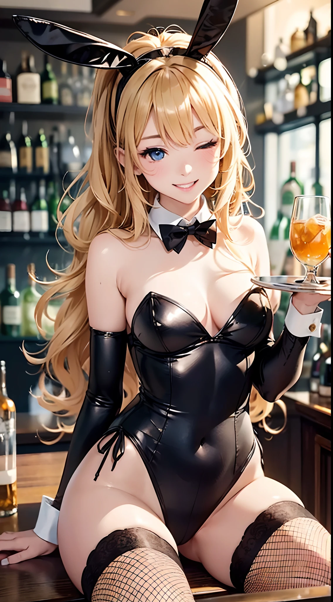 (top-quality、in 8K、32K、masterpiece、nffsw、ighly detailed、Impresionismo、Photorealsitic:1.2)、Full body, (a bar counter、shop front:1.4)、deep-shadows、detailed faces and eyes、beauitful face、blurry backround、20-year-old beauty、shinny skin, Beautiful wavy golden hair、 poneyTail、Blue eyes、beauitful face、blurry backround、Playboy Bunny Girl、High-cut leotards、a bow tie、White cuffs、Thighs wrapped in fishnet stockings、Black rabbit ears、Have a tray of liquor、sit on the table、An embarrassed smile with an open mouth、Curve、one eye closed、