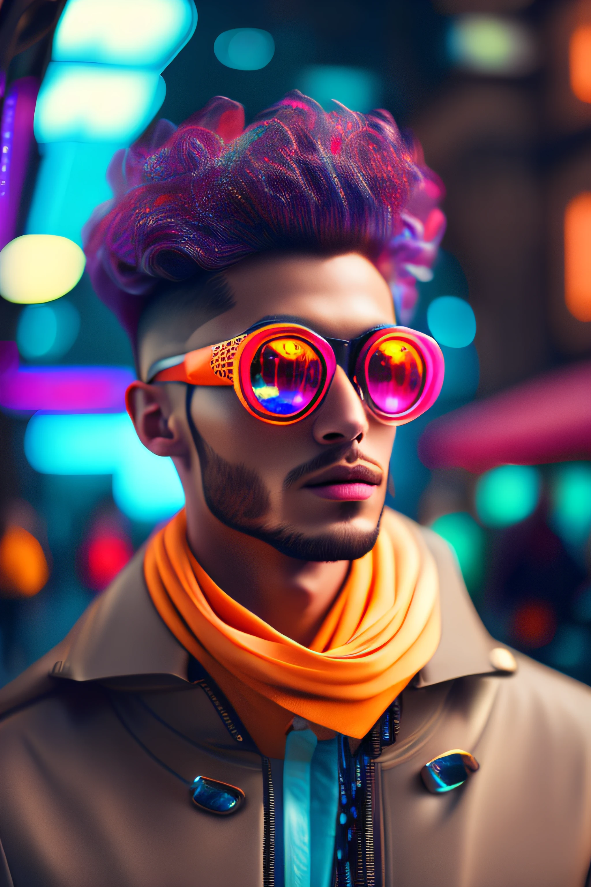 (portrait fashionista man middle ages 1950s with intricate colorful trendy glossy polarised goggle), flufly clorful hair, smily expression, (Extremely Detailed digital photography:1.2), standing in middle of city, (((full body))), raw picture, analogue, Hasselblad, 50asa, f8, 12mm, glow effects, godrays, Hand drawn, render, 8k, octane render, cinema 4d, blender, dark, atmospheric 4k ultra detailed, cinematic sensual, Sharp focus, humorous illustration, big depth of field, Masterpiece, colors, 3d octane render, 4k, concept art, trending on artstation, hyperrealistic, Vivid colors, rim light, extremely detailed CG unity 8k wallpaper, trending on ArtStation, trending on CGSociety, Pop Art style by  Yayoi Kusama, Intricate, High Detail, dramatic
,pure energy, light particules, sci-fi
