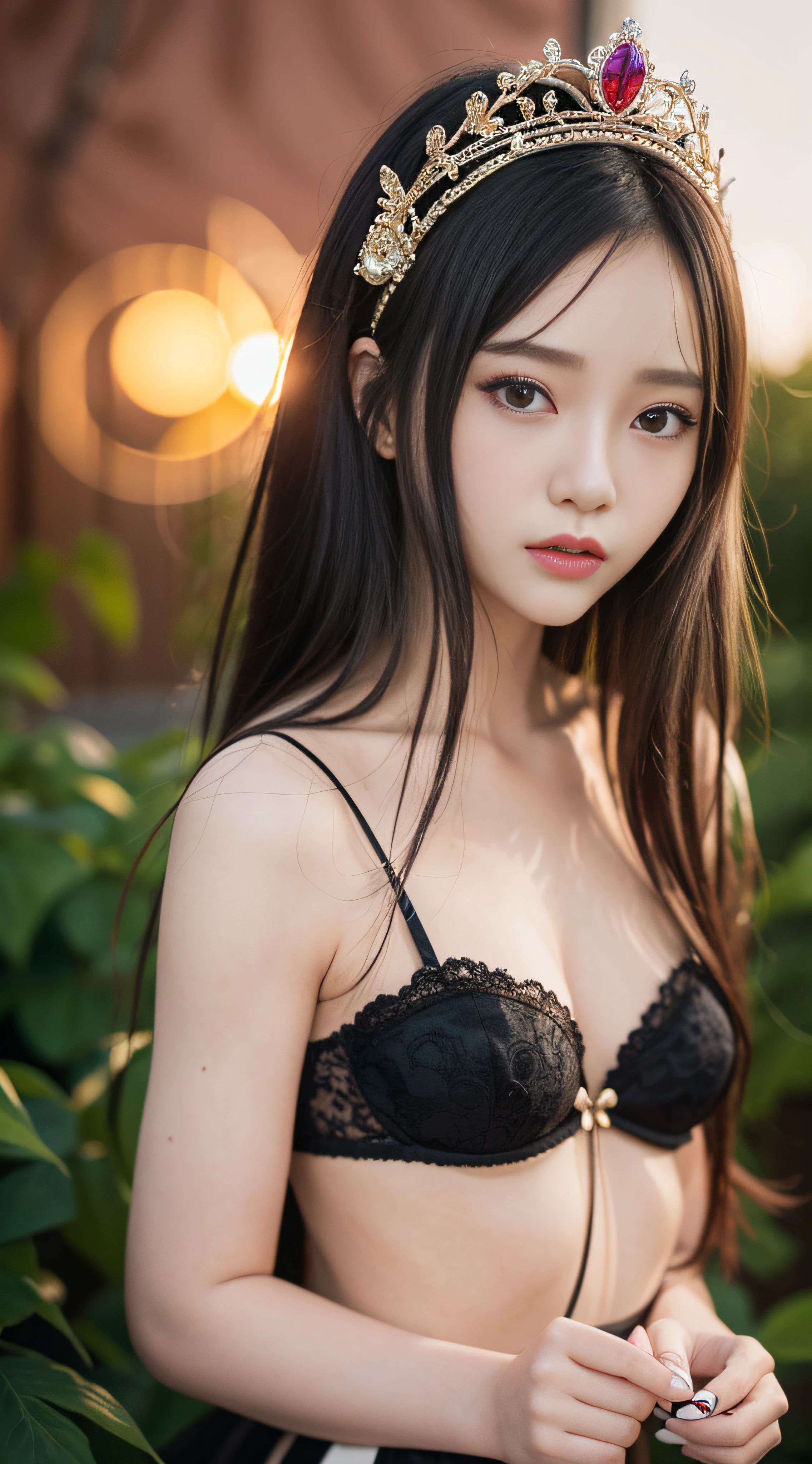1girll，20 yrs，Beautiful vintage colors，Instagram（realisticlying，A high resolution：1.4），（puffy eye），（Apply lipstick），fully body photo（8K，RAW photos，best qualtiy，tmasterpiece：1.2），（realisticlying，Photorealistic and realistic：1.37），（Sharp focus：1.2），profesional lighting，photon maping，Radio City，physically-based renderingt，（paleskin：1.2），（Hair in the middle：1.2），（Black hair：1.2），By bangs， 独奏，  (stands in the garden:1.3)， realisticlying， （tmasterpiece：1.4），（best qualtiy：1.4），（shiny skins），Fahi girl，putting makeup on，（Keep one's mouth shut：1.4），（being thin，is shy，：1.3），（wonderful dress：1.2）， Urzang-6500-V1 Edition, Edition, Edition, Edition, Edition.1， PureErosFace_V1， surrounded by colorful roses， (Sunset:1.3)，((Slim body))，tiara crown，Bokeh，hyper HD，(Vibrant and Colorful:1.3)