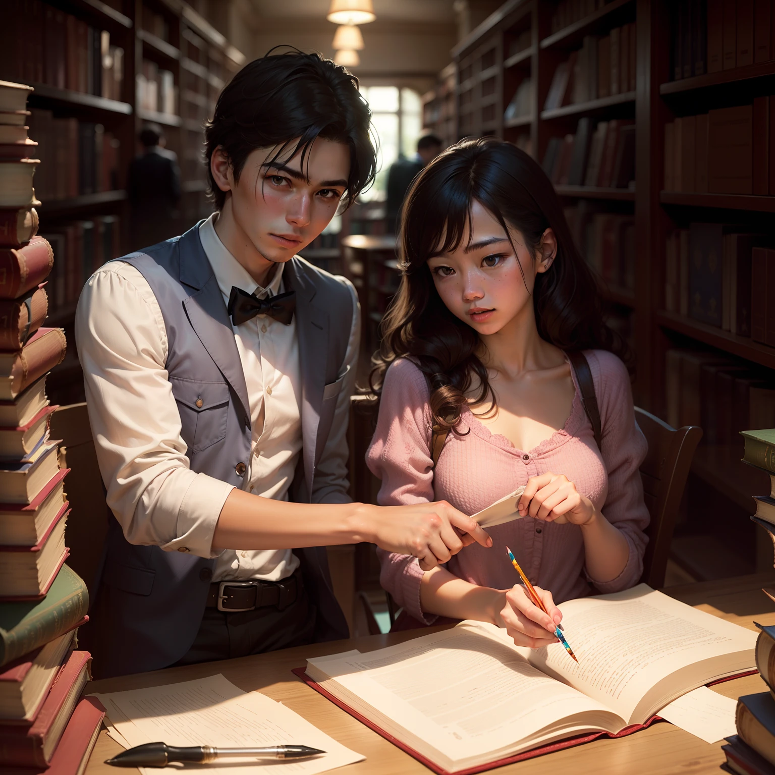 Wednesday Couple - Wesley and Wendy: Paint a scene with a smart-looking boy (Wesley) and a charming girl (Wendy) exploring a library filled with books and enchanted knowledge.