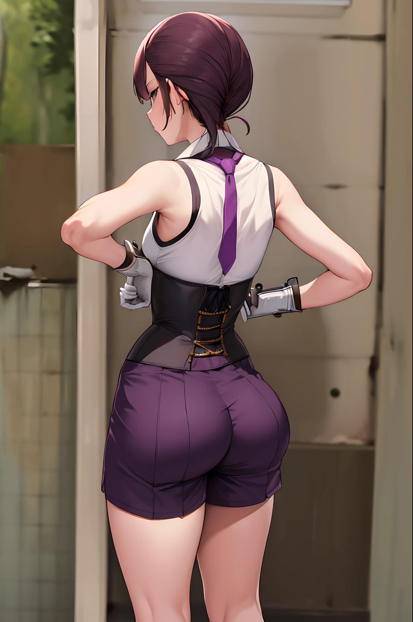 masterpiece, best quality, highres, mujina, solo, white gloves, necktie, purple shorts, short necktie, corset, purple necktie, light brown hair, short shorts, sleeveless, bangs, from behind, ass, standing, street, outdoors, surprised,