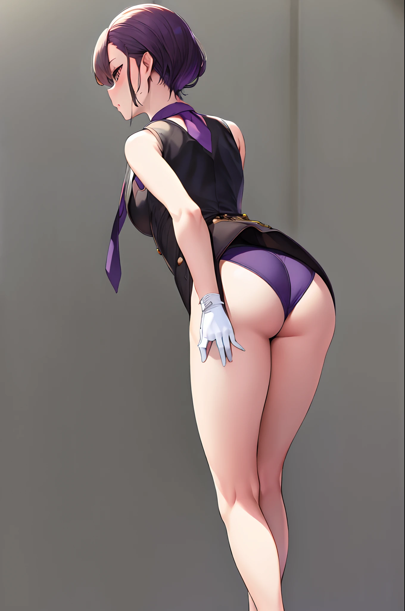 masterpiece, best quality, highres, mujina, solo, white gloves, necktie, purple shorts, short necktie, corset, purple necktie, light brown hair, short shorts, sleeveless, bangs, from behind, ass, standing, street, outdoors, surprised,