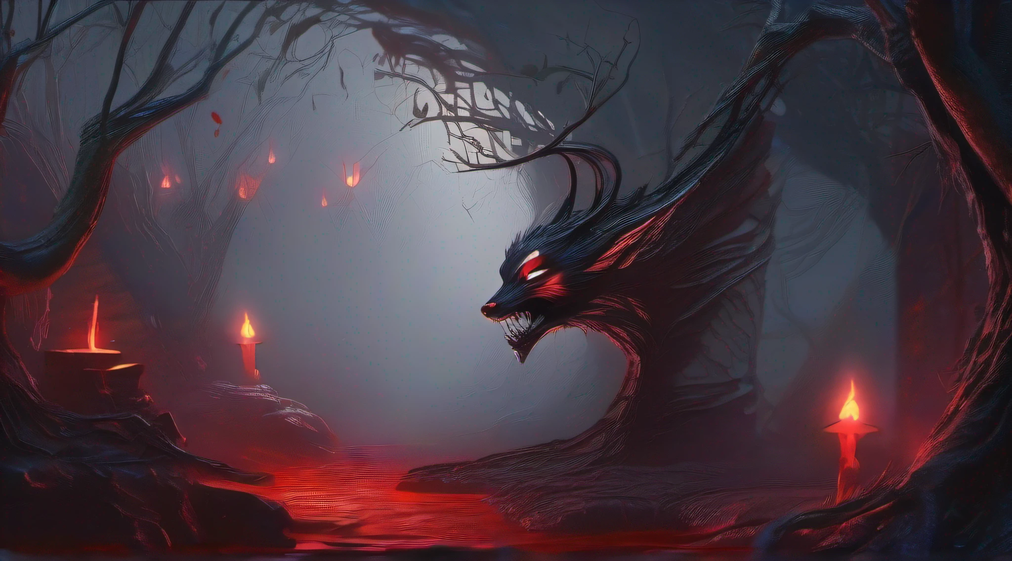 Fox fairy
Weird painting style
Demons
A sight of the abyss
Dark tones
Mysterious light and shadow
Cracks and vines
Ghost fire and ghosts
Ancient buildings and ruins
Red eyes and sharp teeth