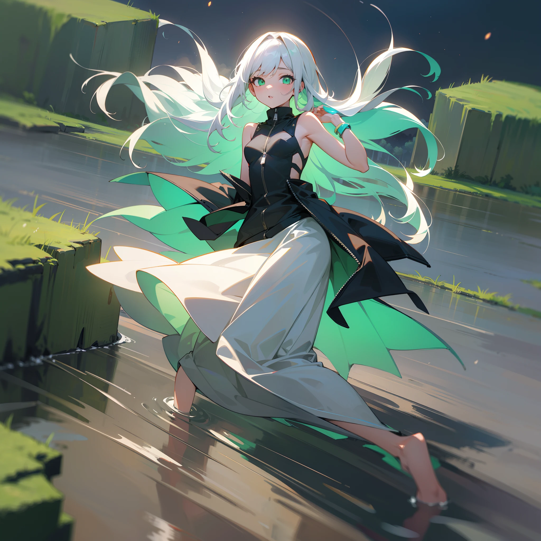 MKSKS style, (Very detailed background:1.0), (highly detailed back ground:1.0), 1girll, full_Body,, partly_unzipped, Masterpiece, Best quality, (1girll, Solo, Girl:1.2), Lake, Grass, walking on the water, Jumps, Stone ruins, color difference, Depth of field, Soft illuminated surface,Face only,White hair,Green eyes,Long hair,Floating hair,Small breasts,Night,Dark ,Night sky,colourful