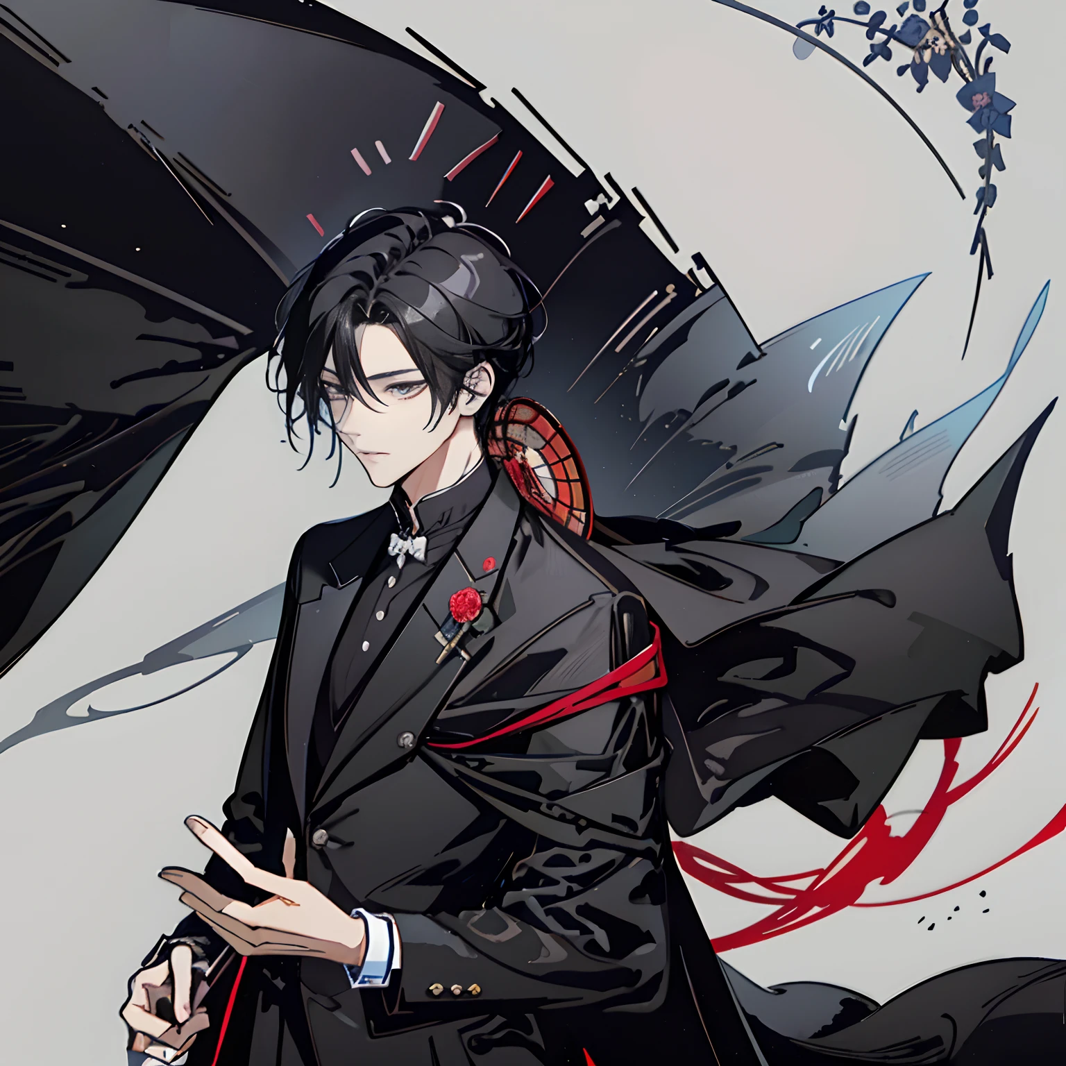 Anime - Long black straight hair，Long haired boy in suit，Frontal photo，Elegant and desperate，face expressionless，Sense of darkness，largeeyes，Gloomy scene street scene，Rainy days，46090000 pixels exquisite art style，4K illustration，inspired by Yamagata Hiro、illustration：Shigeru Aishima and Masanobu Okumura，In black suit，Urban style，Taisho Roman style，Handsome anime pose，hijikata toushirou，Anime handsome man，Top image quality，8K分辨率。