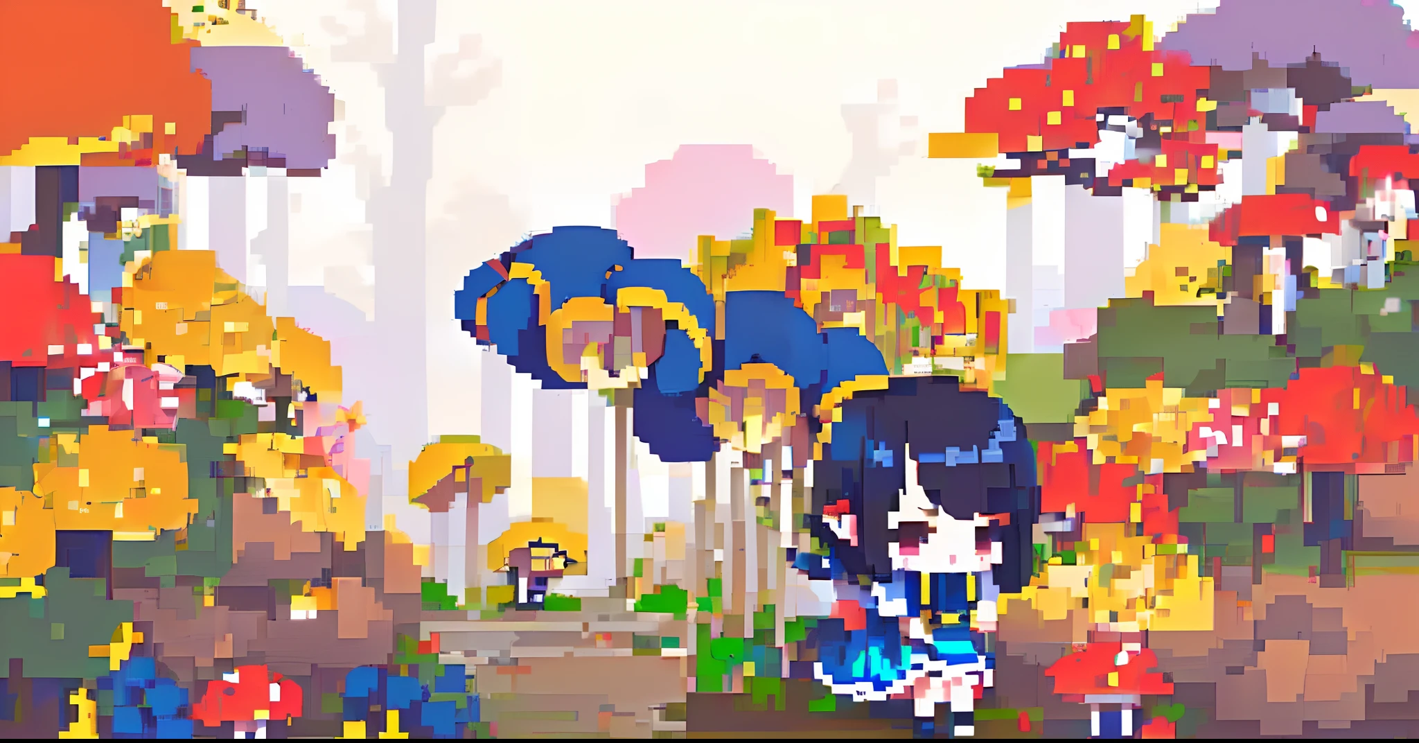 （（pix）） 1girll， 独奏， Black braided hair， simplebackground， Picking mushrooms in the forest， Scenes， Blushlush，，（Short black Bob hair：1.3）white short sleeve shirt，Navy blue bow tie，Long navy blue plated dress，（hundred_arrange_public），