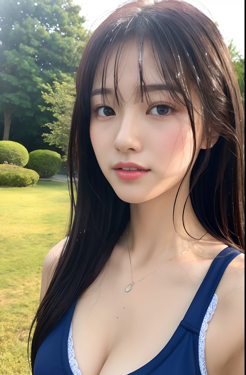 Close up portrait of woman walking in park in gym clothes、Japan Person Model、Young Sensual Gravure Idol、Young cute gravure idol、Realistic Young Gravure Idol、Realistic sensual gravure idol、Young gravure idols、sophisticated gravure idol、奈良美智、Young skinny gravure idol、beautifull asian girl ever、oppai、I got wet in the rain、The whole body is soaking wet、 of the breast